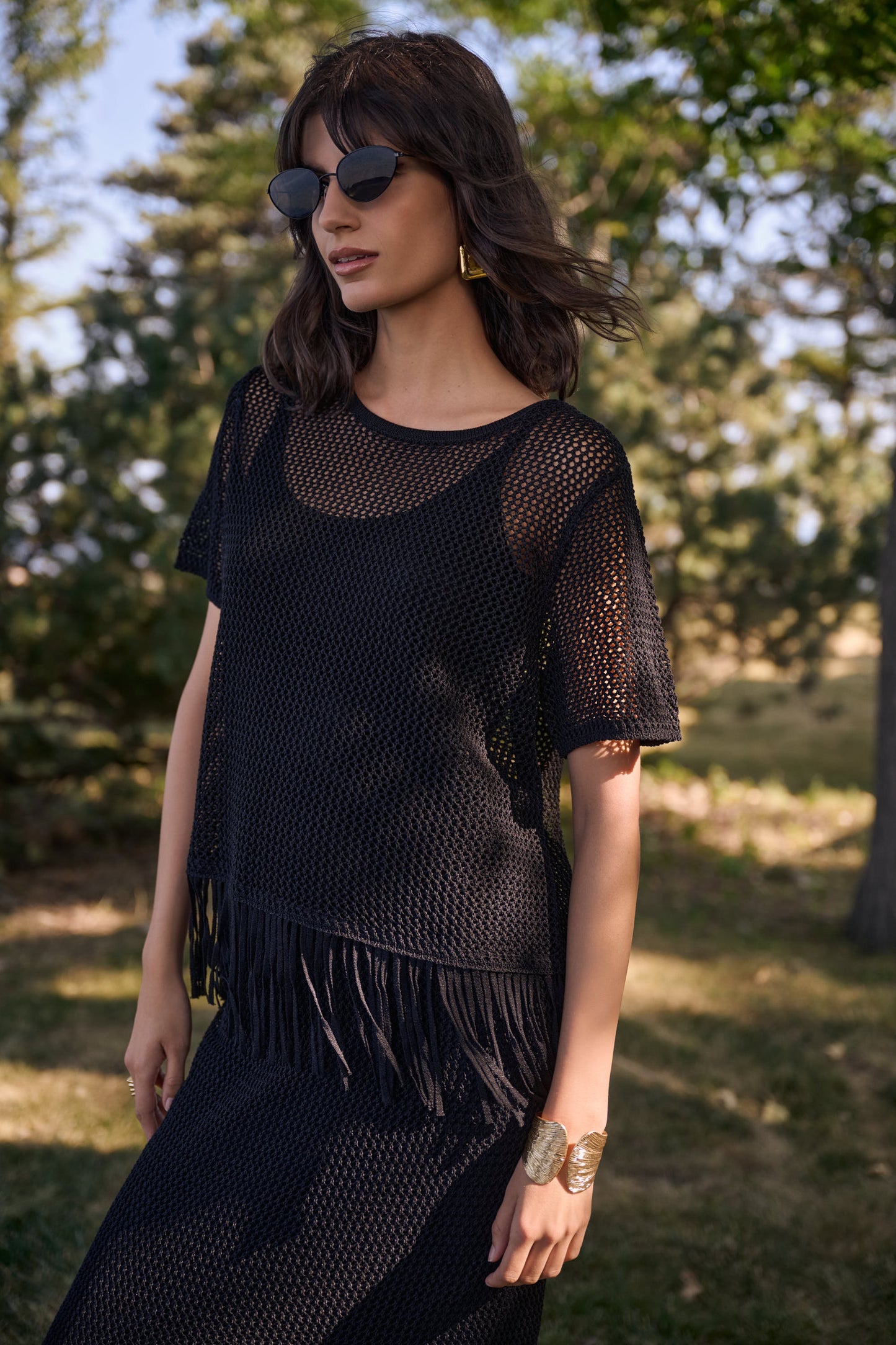 Joseph Ribkoff Open Knit S/S Top with Fringe Hem Black 262928-11