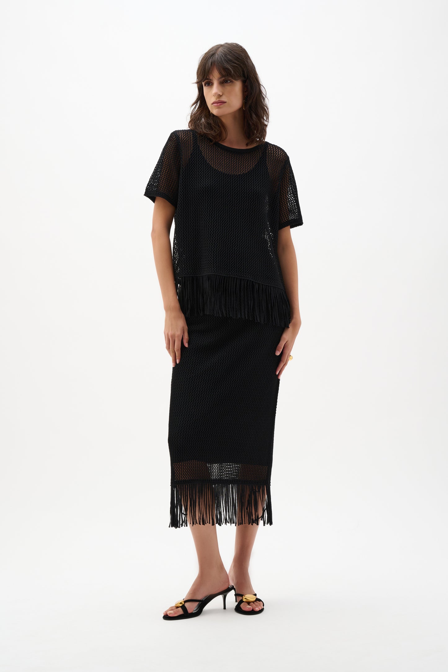 Joseph Ribkoff Open Knit Skirt w/Fringe Black 262929
