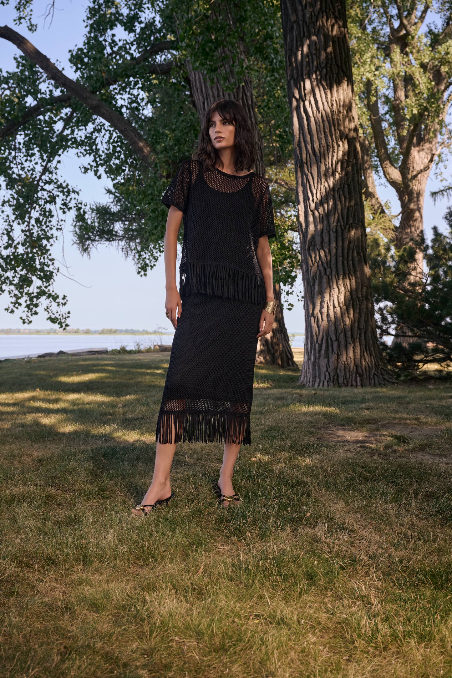 Joseph Ribkoff Open Knit Skirt w/Fringe Black 262929