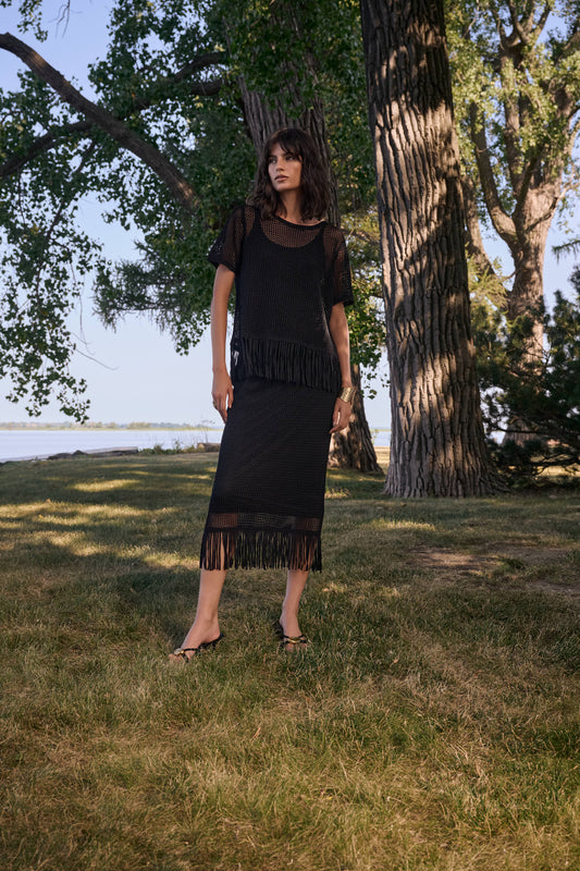 Joseph Ribkoff Open Knit Skirt w/Fringe Black 262929