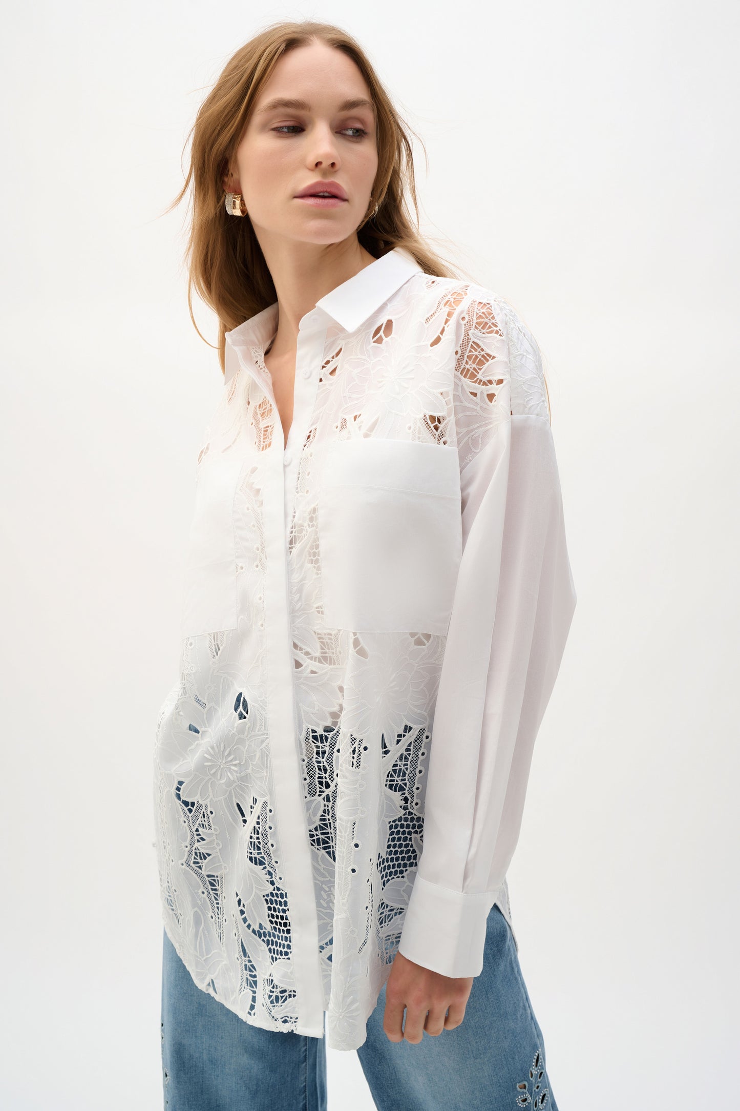 Joseph Ribkoff Cotton Lace Boxy Blouse With Embroidery White 262952-12