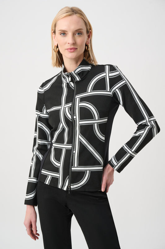 Joseph Ribkoff Jacquard Knit Geometric Fitted Jacket Black/Off-White 263055