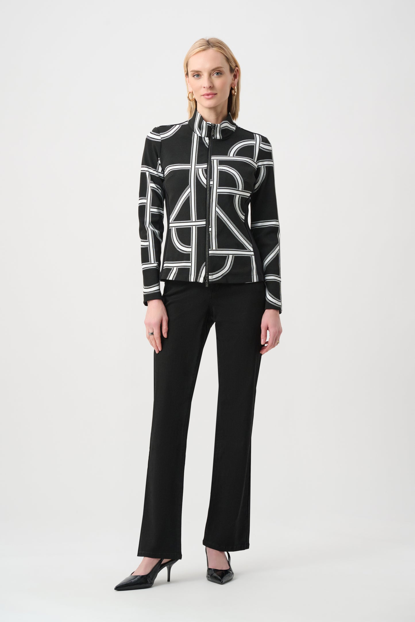 Joseph Ribkoff Jacquard Knit Geometric Fitted Jacket Black/Off-White 263055