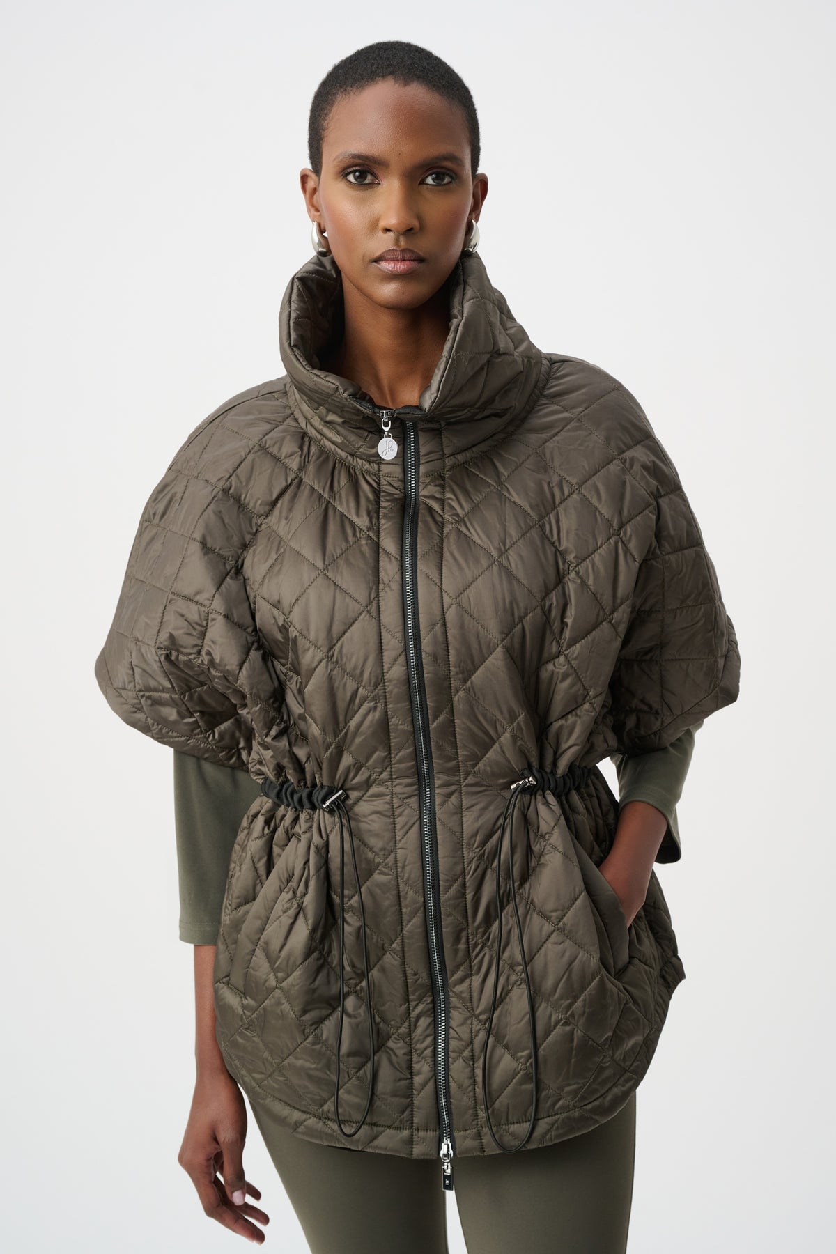 Joseph Ribkoff Quilted Shawl-Neck Boxy Vest Avocado 263643