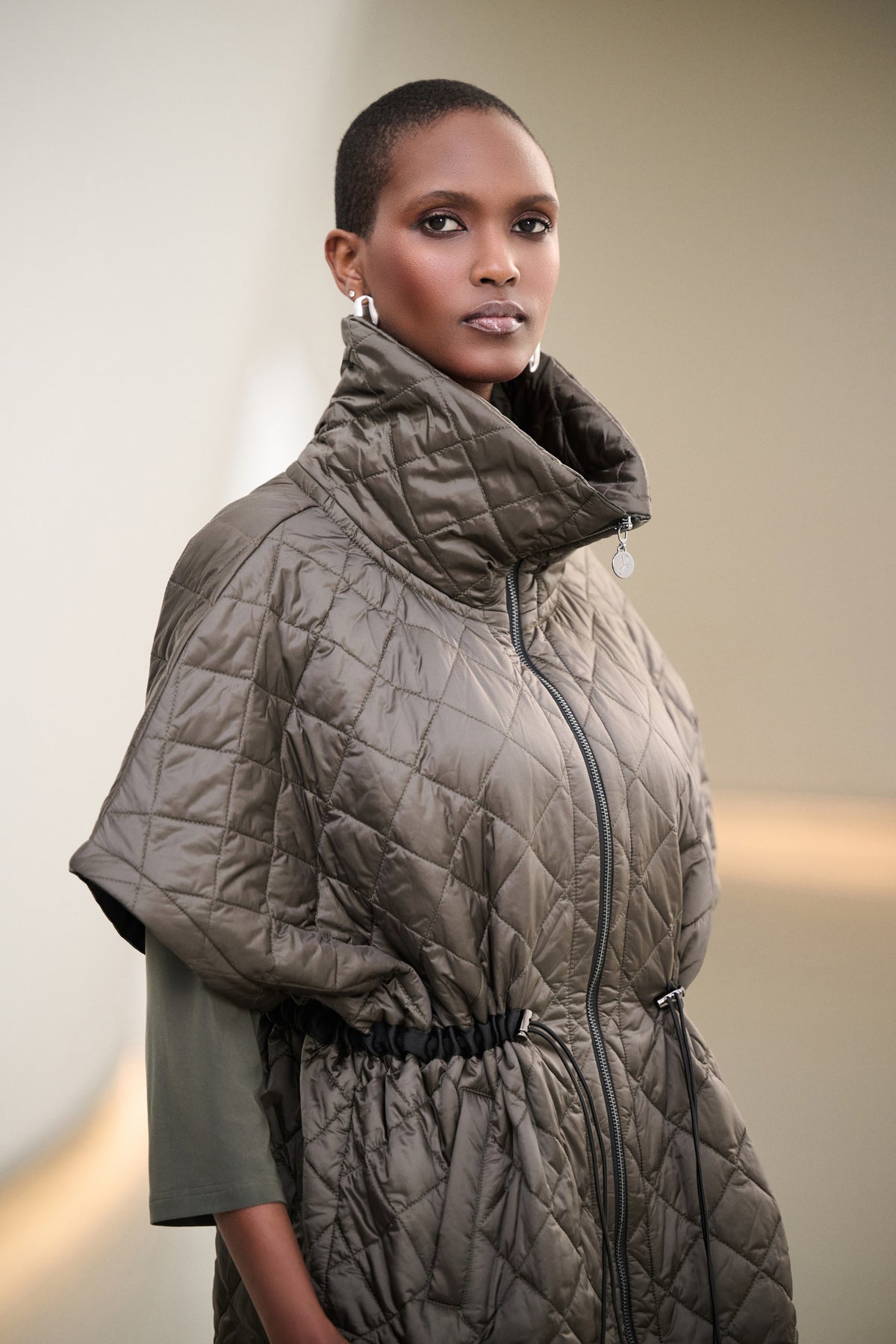 Joseph Ribkoff Quilted Shawl-Neck Boxy Vest Avocado 263643