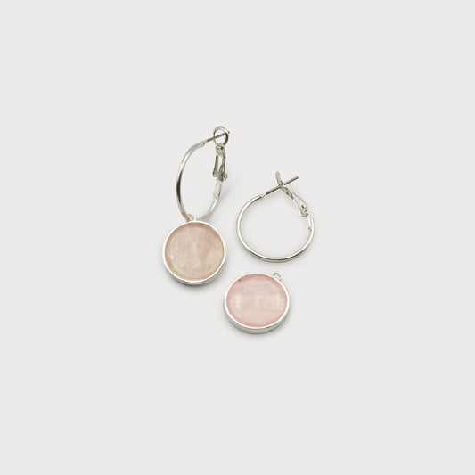 Caracol Pink & Silver Flat Natural Stones on Hoops 2639-PNK-S