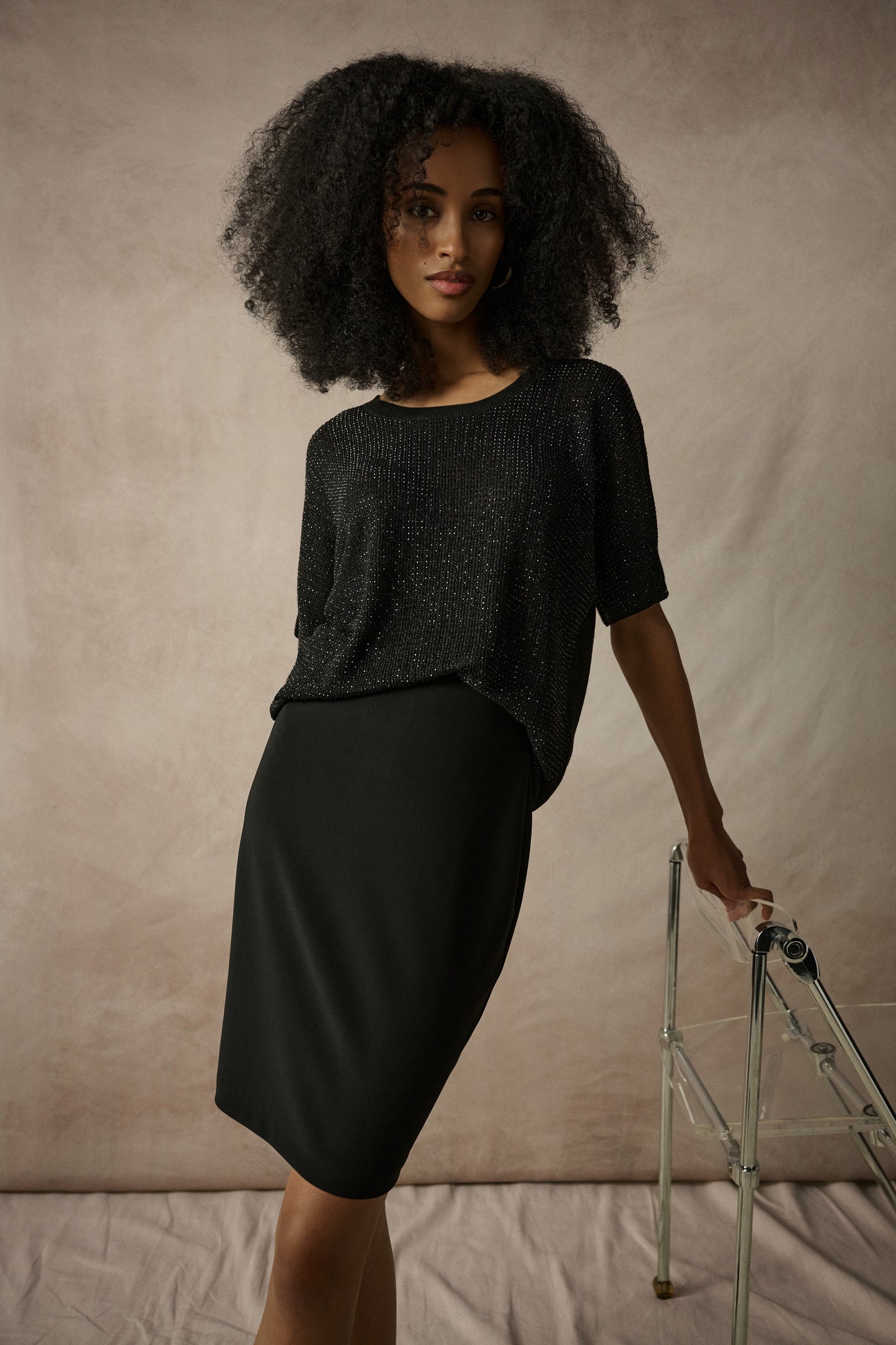 Joseph Ribkoff Metallic Knitted Top w/ Rhinestones Black 263900CO
