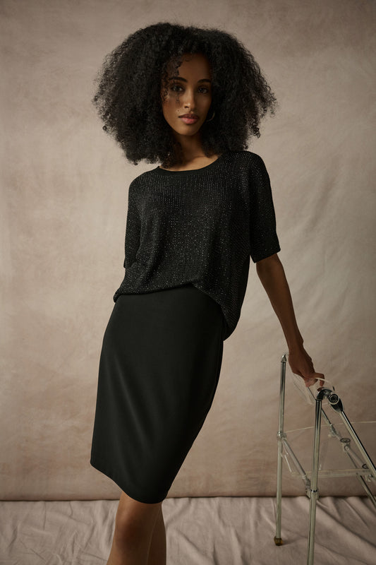 Joseph Ribkoff Metallic Knitted Top w/ Rhinestones Black 263900CO