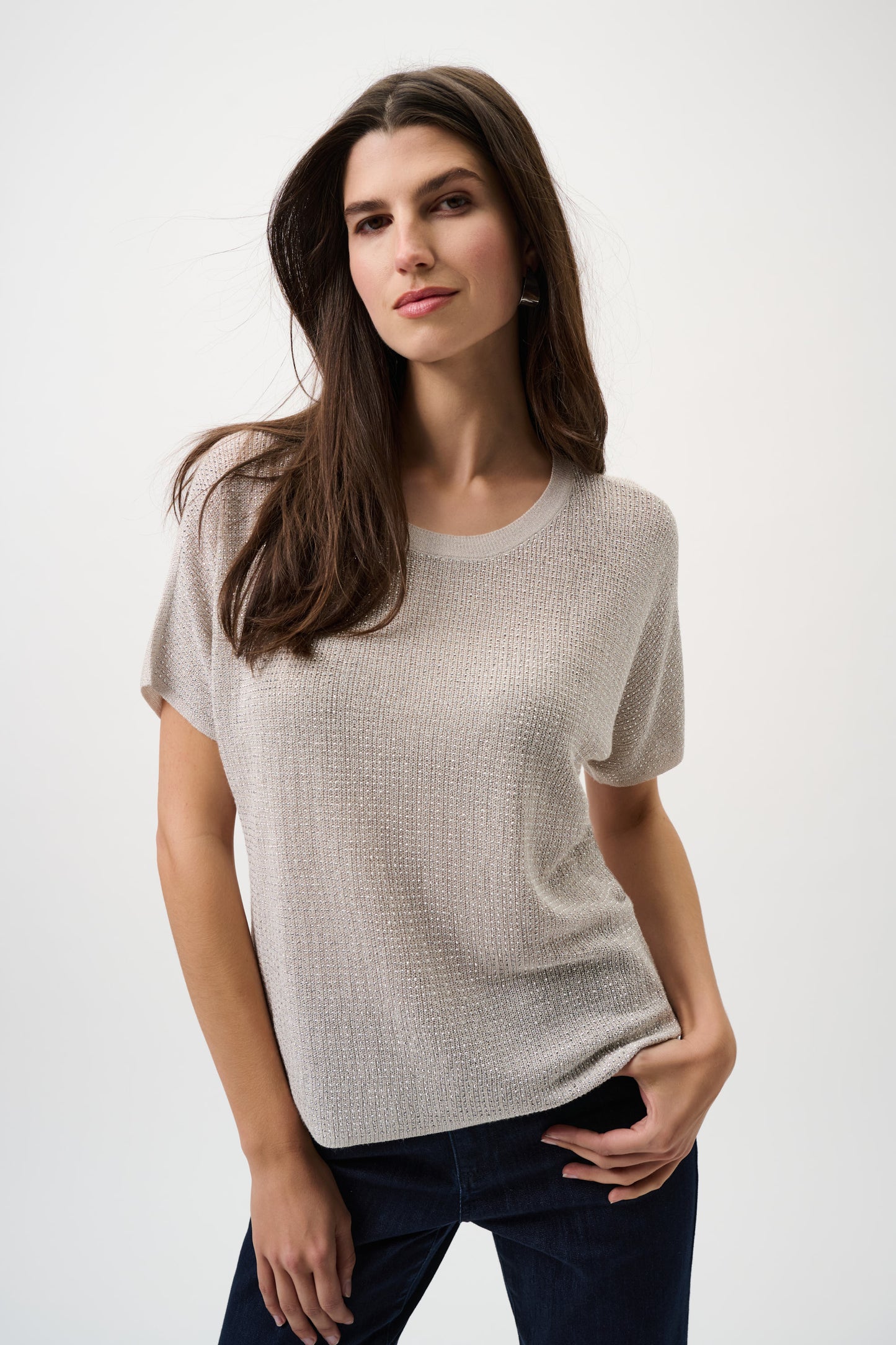 Joseph Ribkoff Metallic Knitted Top w/ Rhinestones Moonstone 263900CO