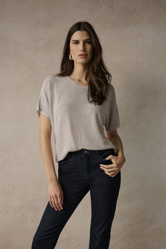 Joseph Ribkoff Metallic Knitted Top w/ Rhinestones Moonstone 263900CO