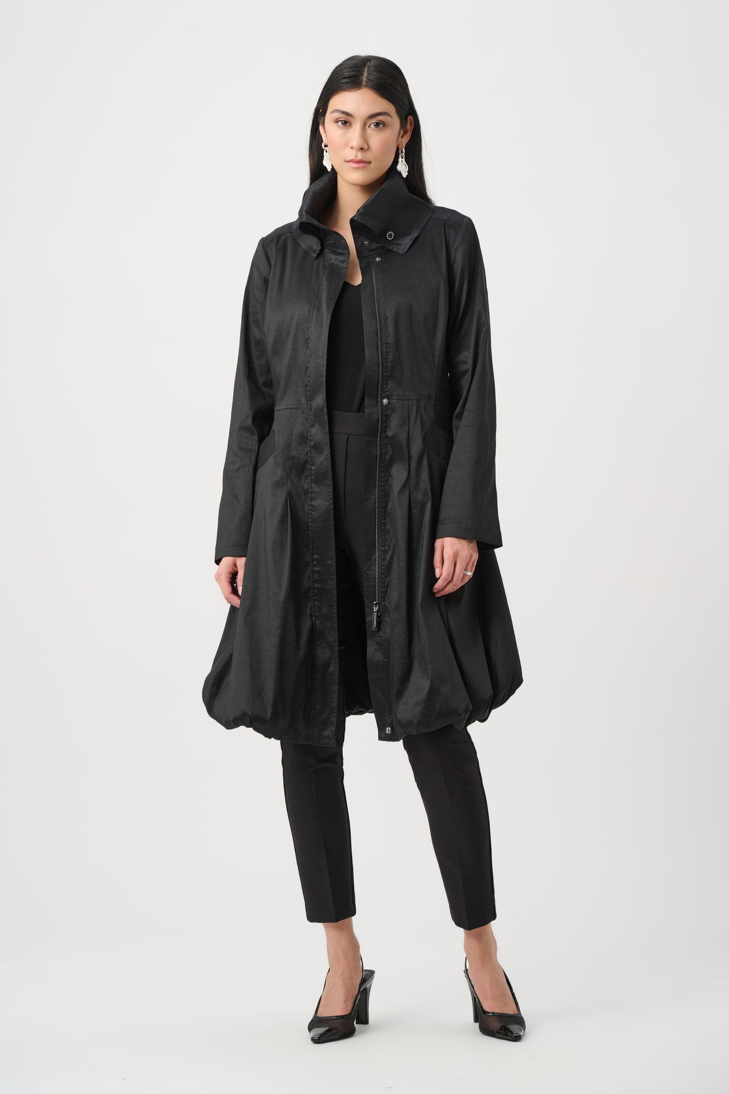 Joseph Ribkoff Stretch Taffeta Belted Fit & Flare Balloon Coat Black 263911