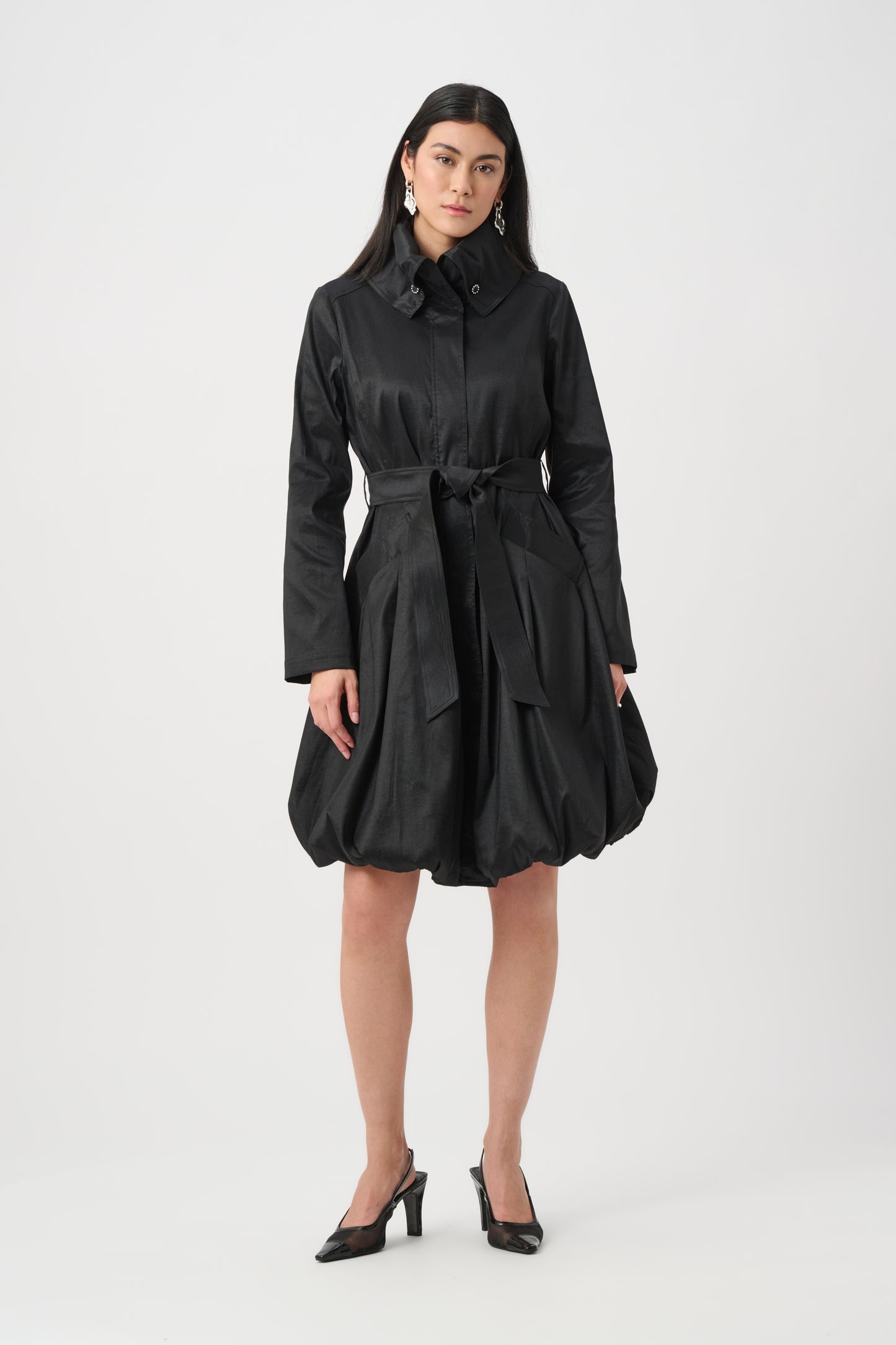 Joseph Ribkoff Stretch Taffeta Belted Fit & Flare Balloon Coat Black 263911