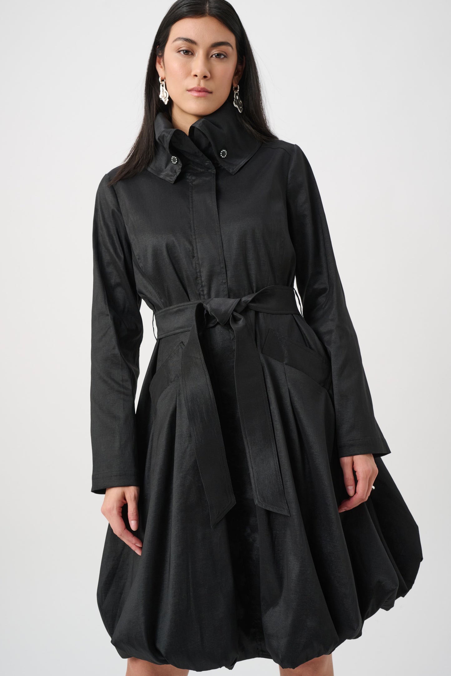 Joseph Ribkoff Stretch Taffeta Belted Fit & Flare Balloon Coat Black 263911
