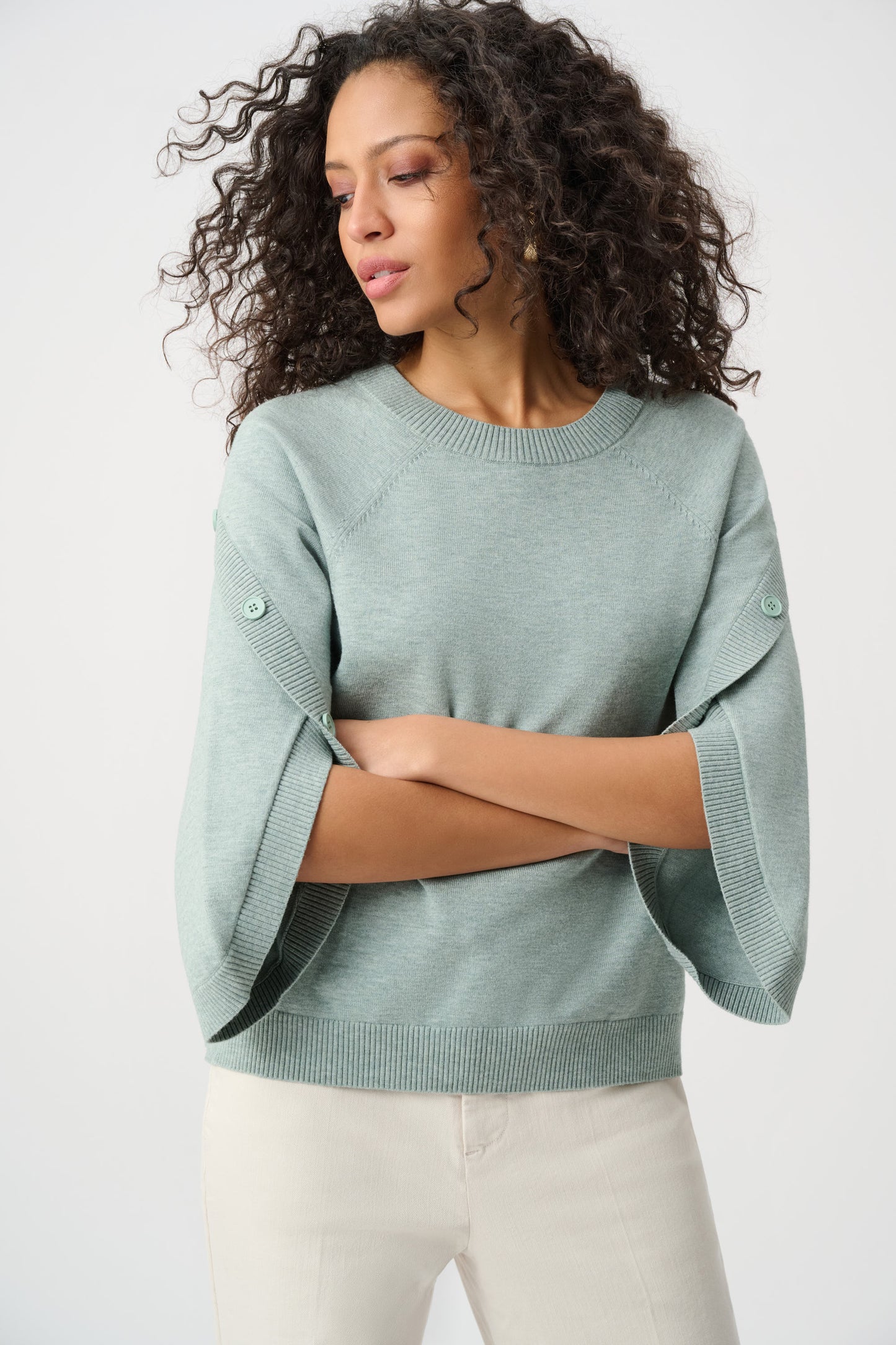Joseph Ribkoff Brushed Viscose & Nylon Knit Tulip Sleeve Sweater Frosted Mint Melange 263935