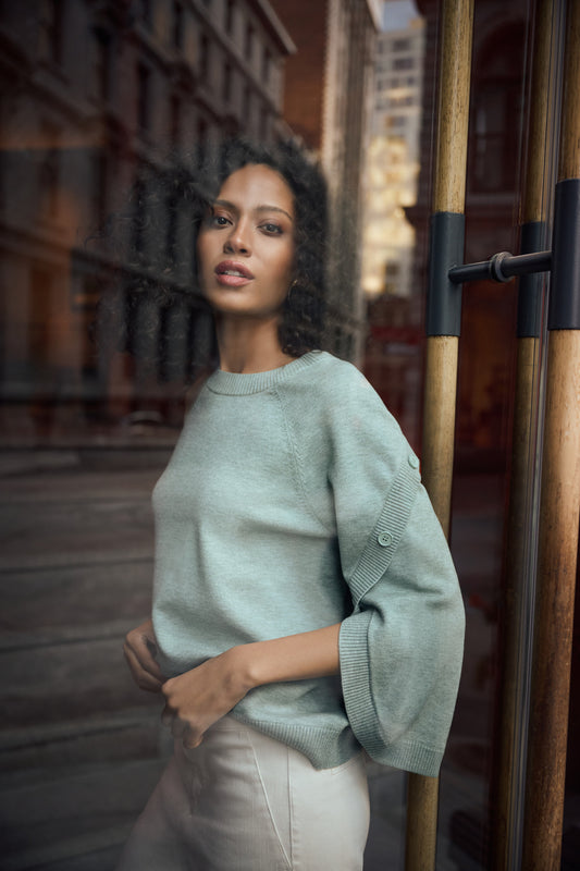 Joseph Ribkoff Brushed Viscose & Nylon Knit Tulip Sleeve Sweater Frosted Mint Melange 263935
