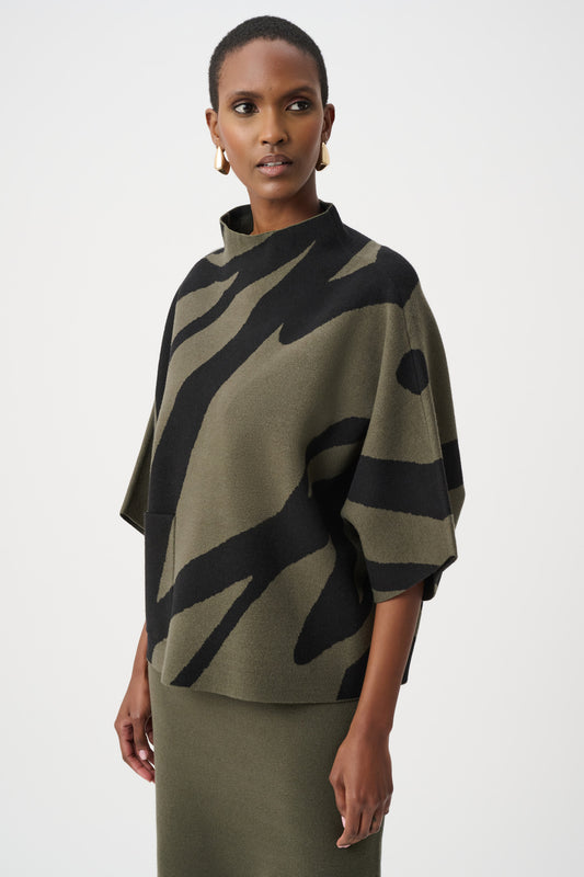 Joseph Ribkoff Abstract Jacquard Funnel-Neck Boxy Sweater Avocado/Black 263936
