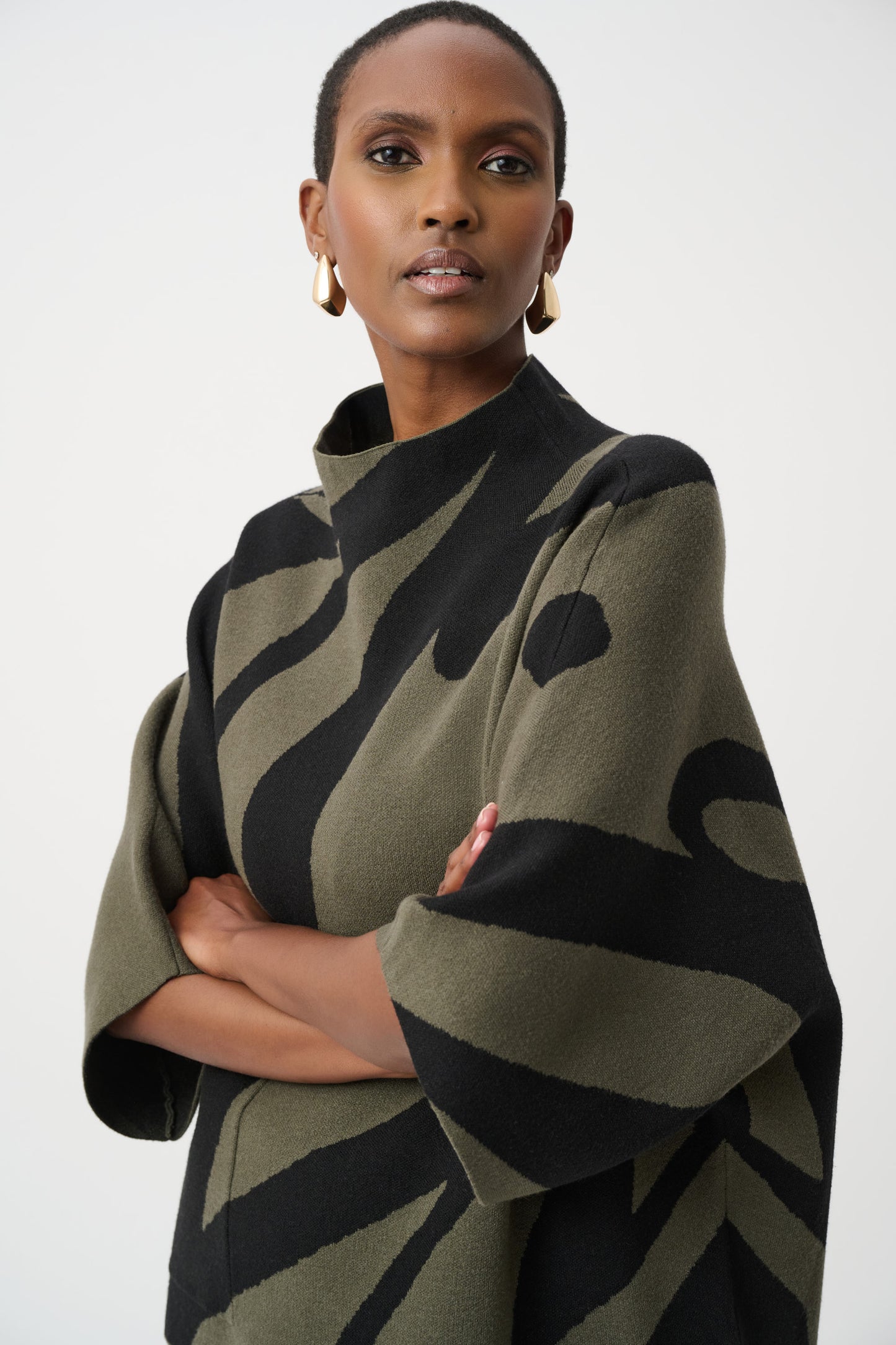 Joseph Ribkoff Abstract Jacquard Funnel-Neck Boxy Sweater Avocado/Black 263936