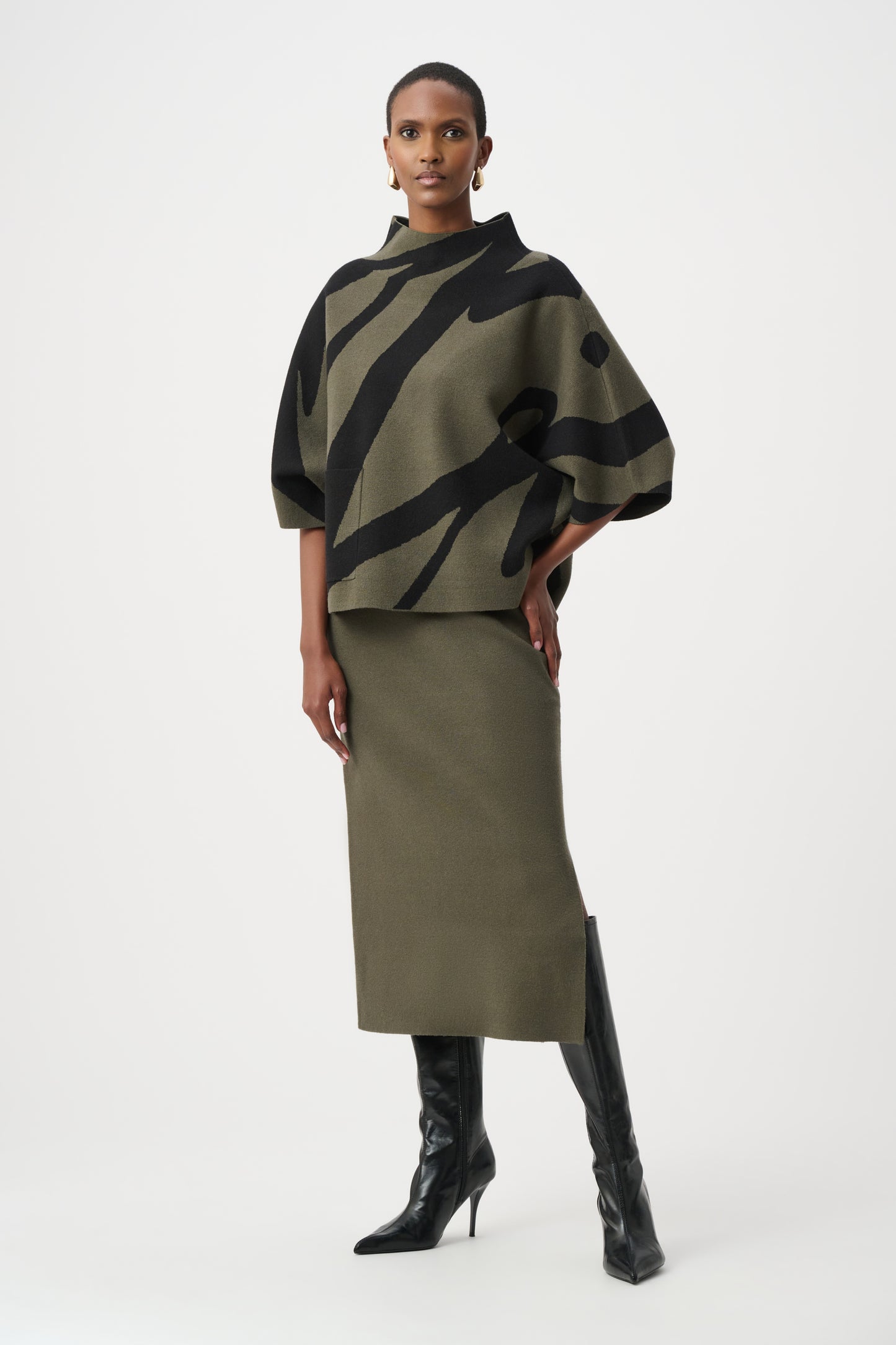 Joseph Ribkoff Abstract Jacquard Funnel-Neck Boxy Sweater Avocado/Black 263936