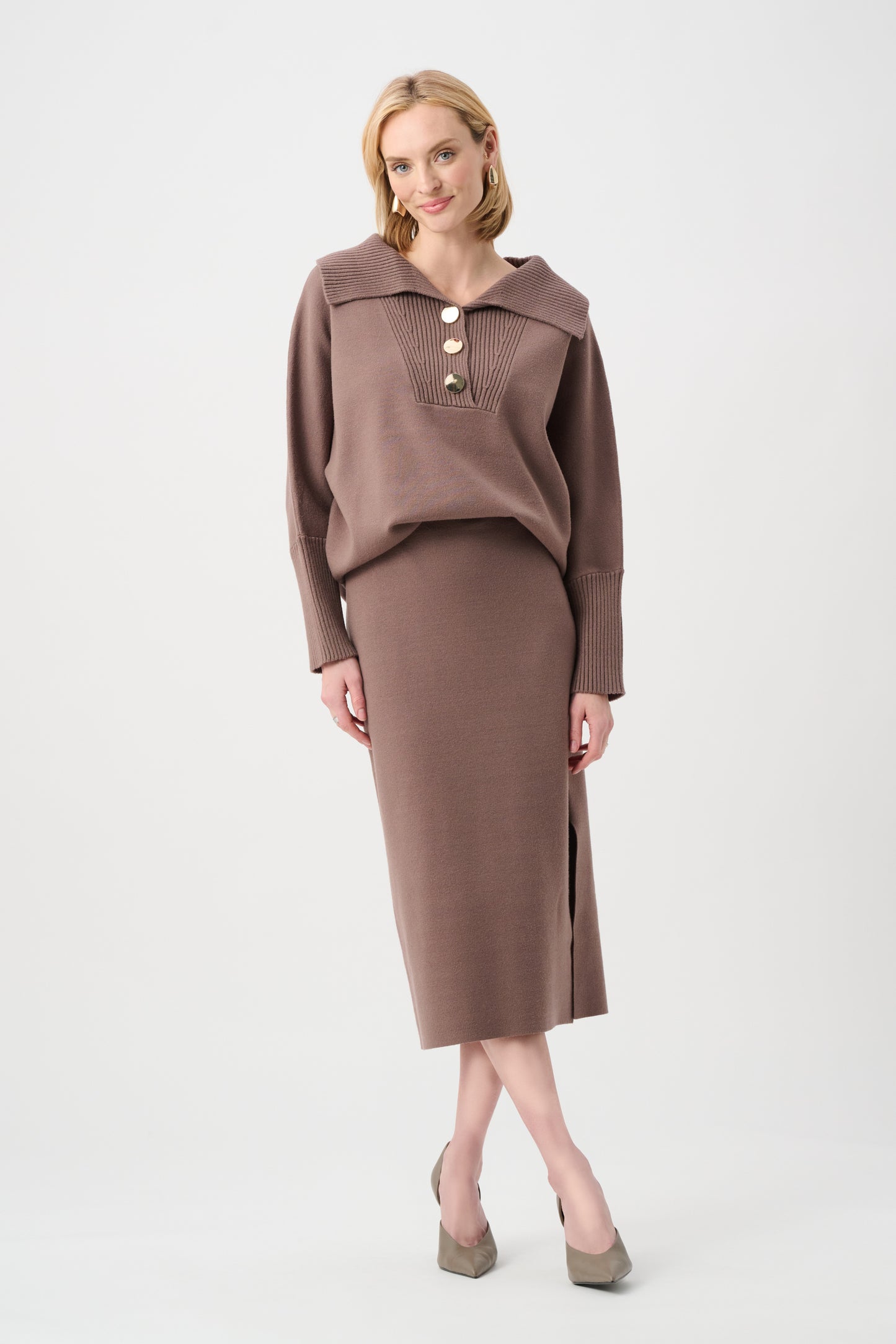 Joseph Ribkoff Brushed Viscose And Nylon Shawl-Neck Sweater Mink 263938