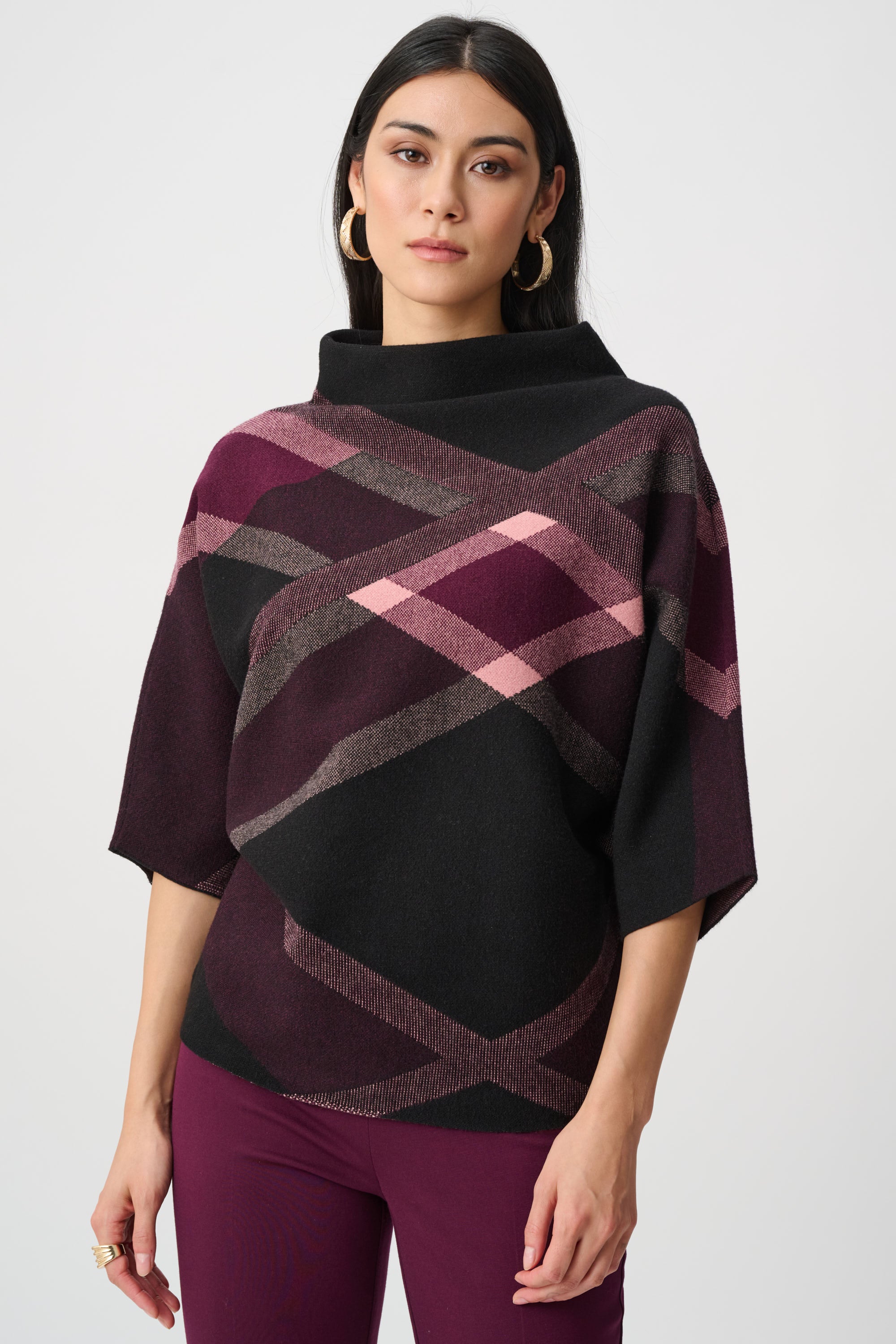 Joseph Ribkoff Brushed Viscose And Nylon Plaid Funnel-Neck Sweater Joseph Ribkoff Brushed Viscose And Nylon Plaid Funnel-Neck Sweater