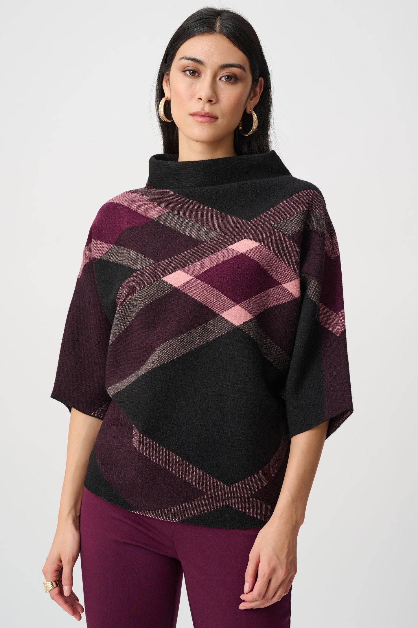 Joseph Ribkoff Brushed Viscose And Nylon Plaid Funnel-Neck Sweater Black/Multi 263947