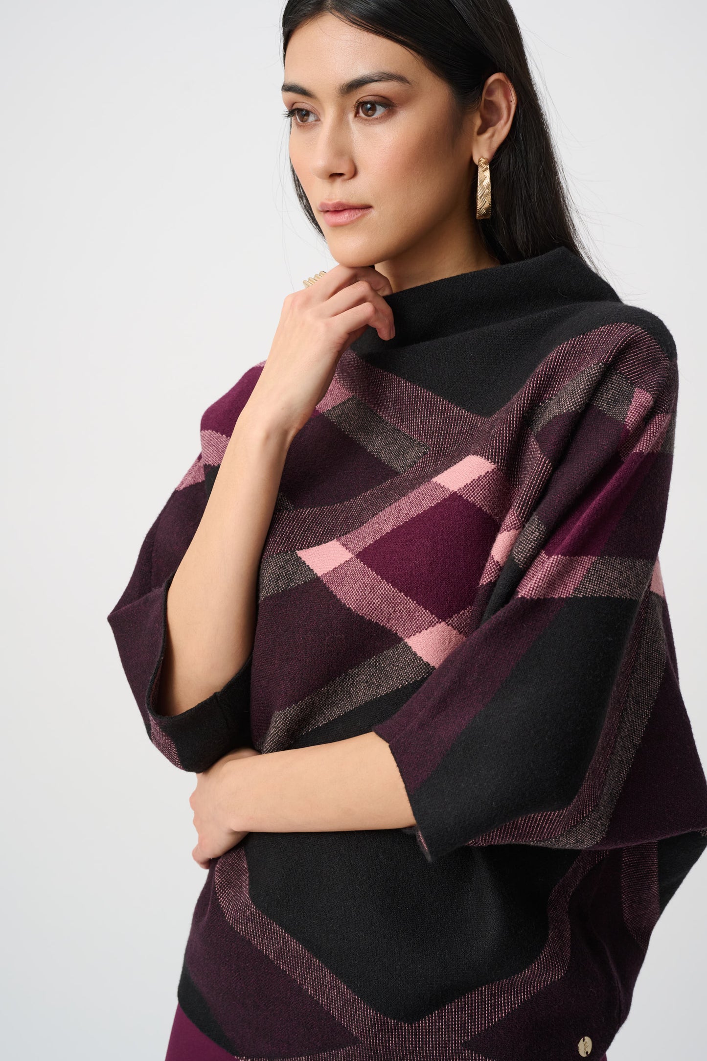 Joseph Ribkoff Brushed Viscose And Nylon Plaid Funnel-Neck Sweater Black/Multi 263947