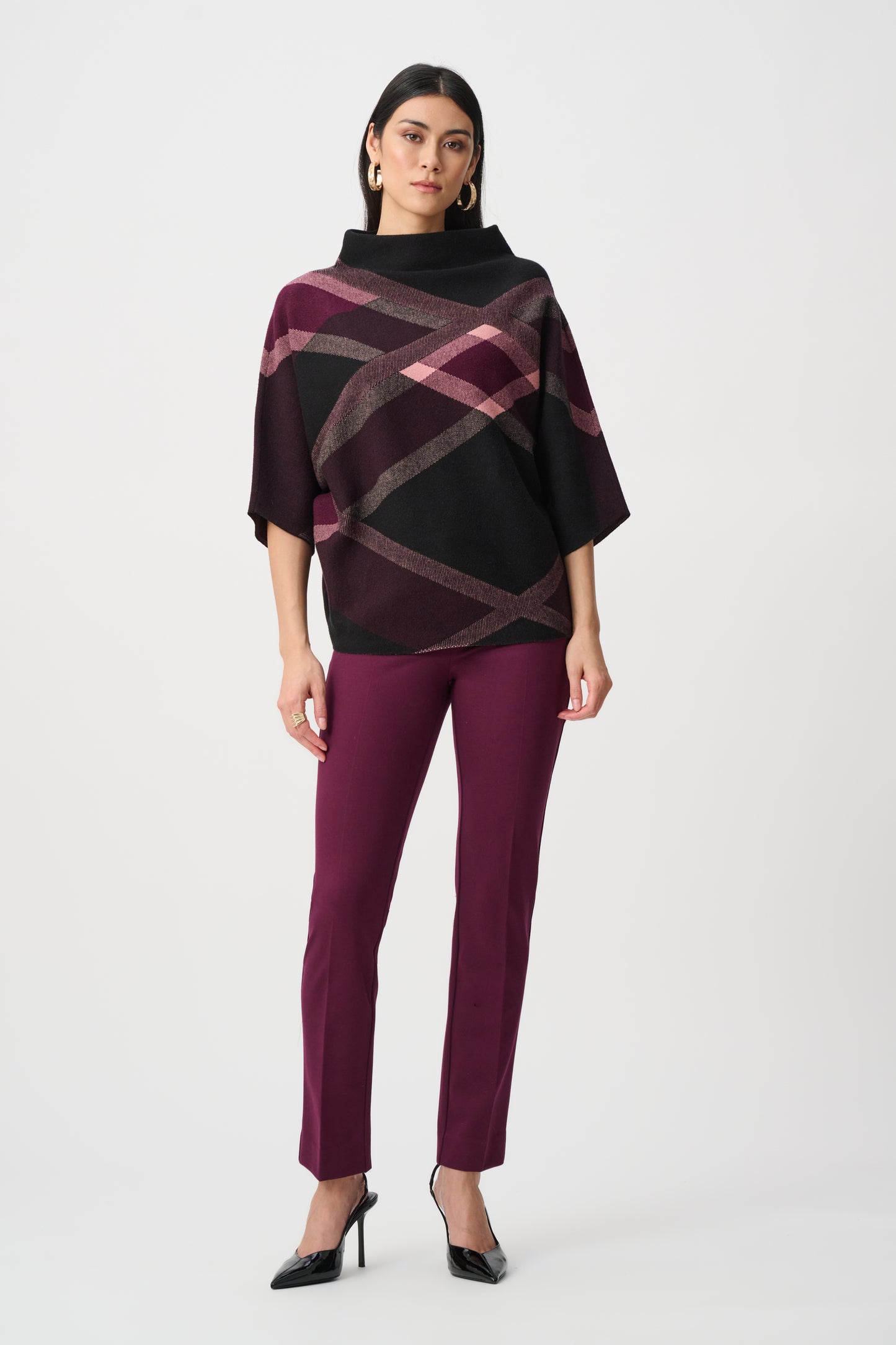 Joseph Ribkoff Brushed Viscose And Nylon Plaid Funnel-Neck Sweater Black/Multi 263947