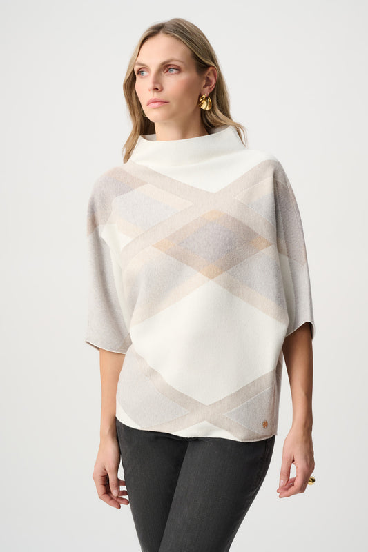 Joseph Ribkoff Brushed Viscose And Nylon Plaid Funnel-Neck Sweater Winter White/Multi 263947