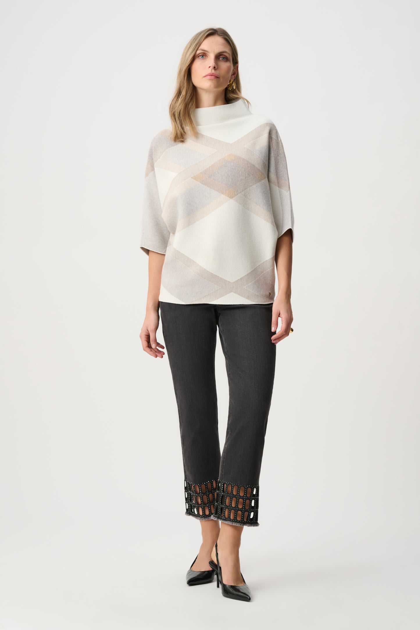 Joseph Ribkoff Brushed Viscose And Nylon Plaid Funnel-Neck Sweater Winter White/Multi 263947