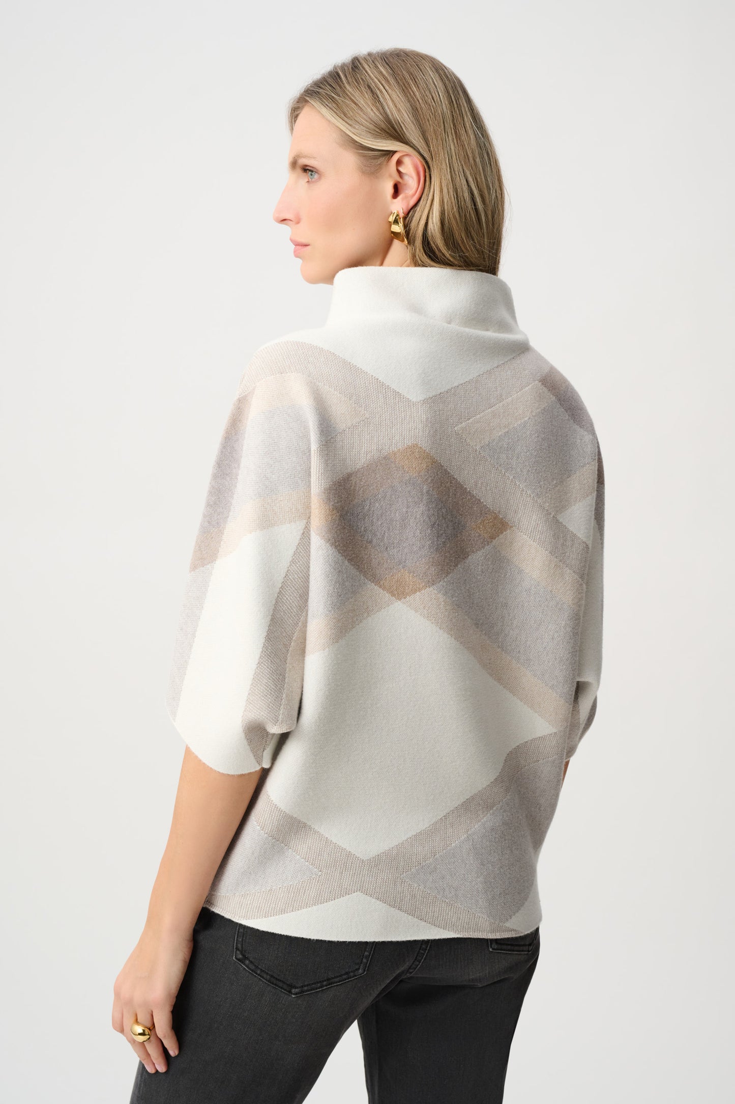 Joseph Ribkoff Brushed Viscose And Nylon Plaid Funnel-Neck Sweater Winter White/Multi 263947