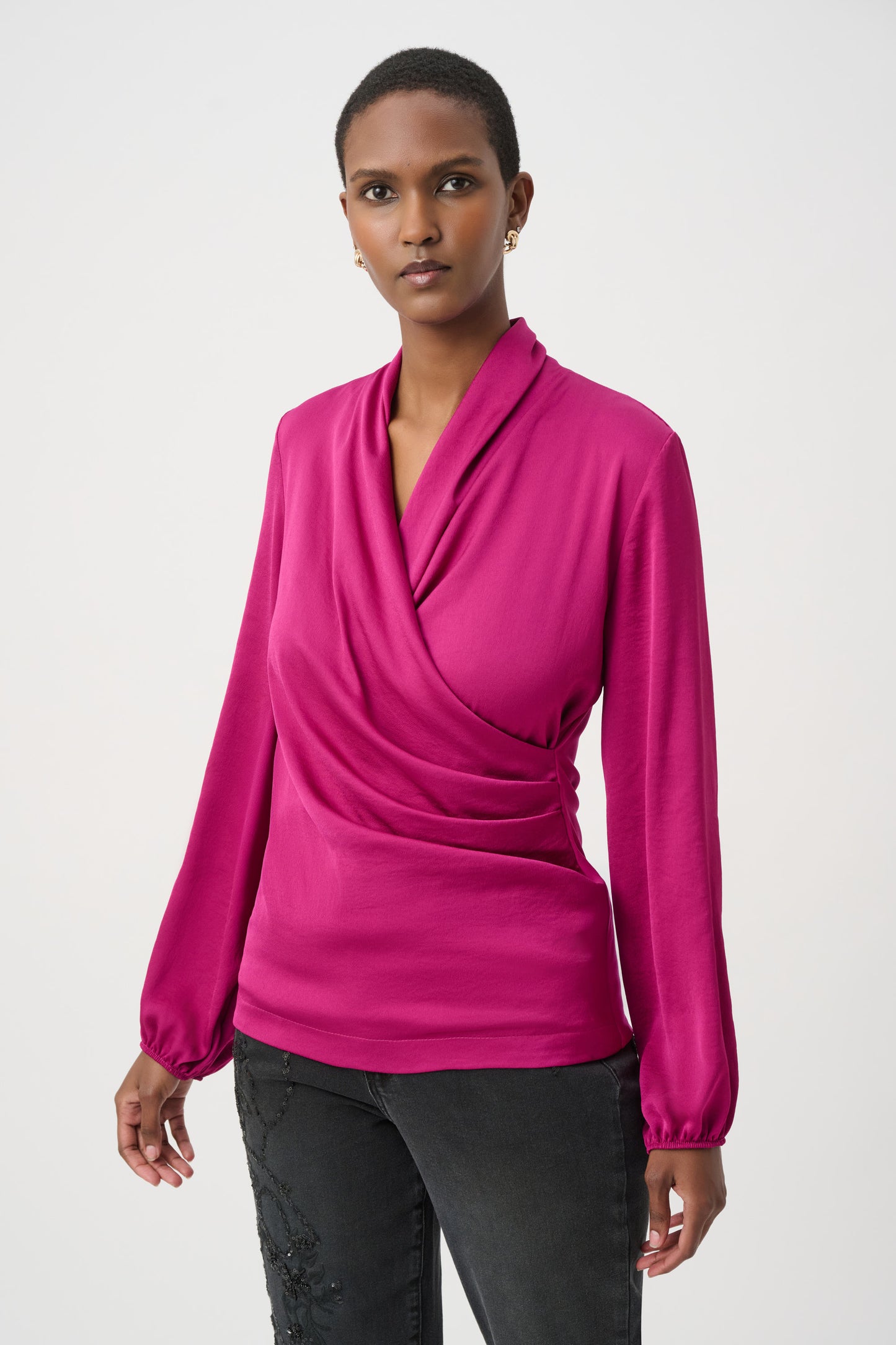 Joseph Ribkoff Recycled Satin Faux-Wrap Top Deep Magenta 264026