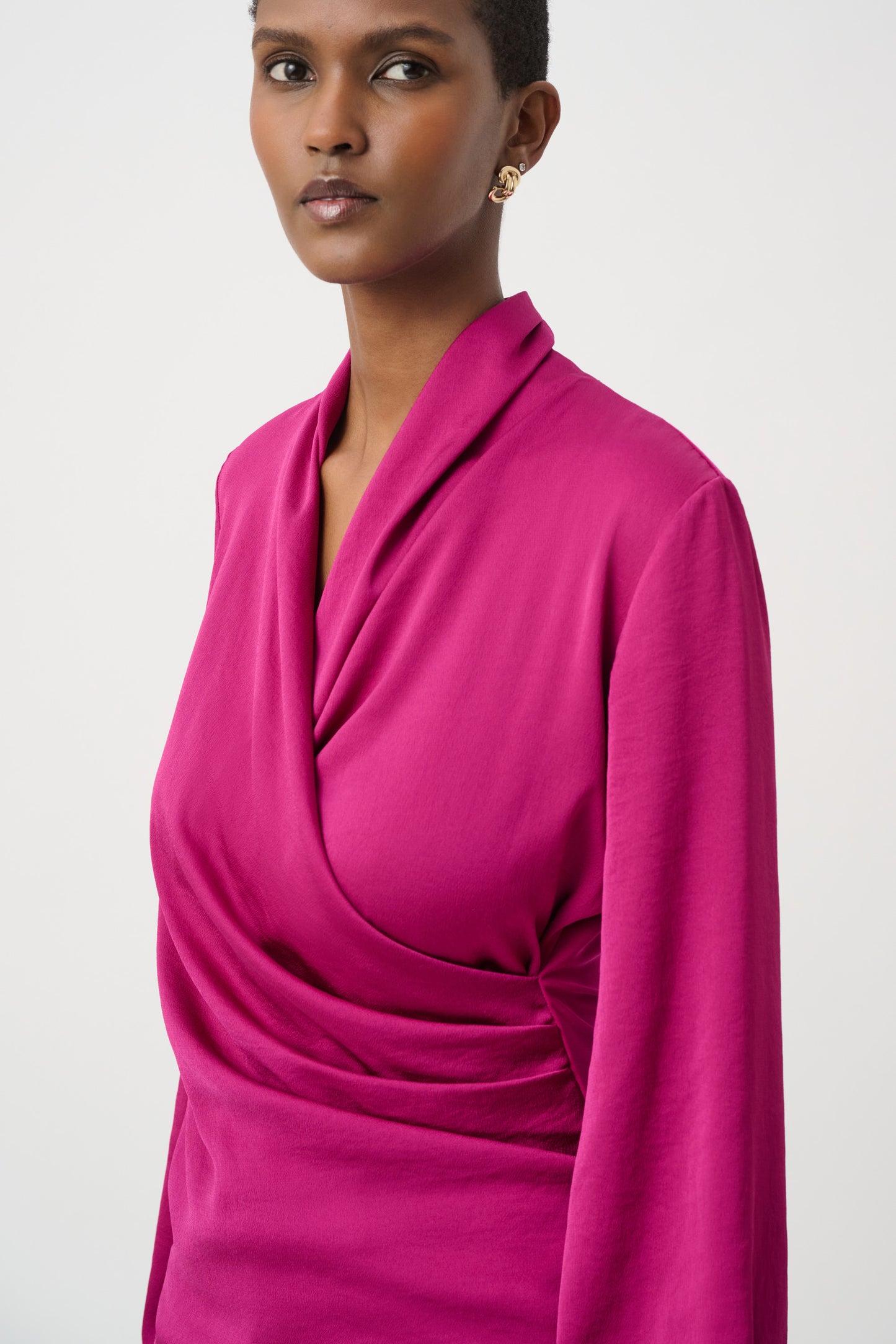 Joseph Ribkoff Recycled Satin Faux-Wrap Top Deep Magenta 264026