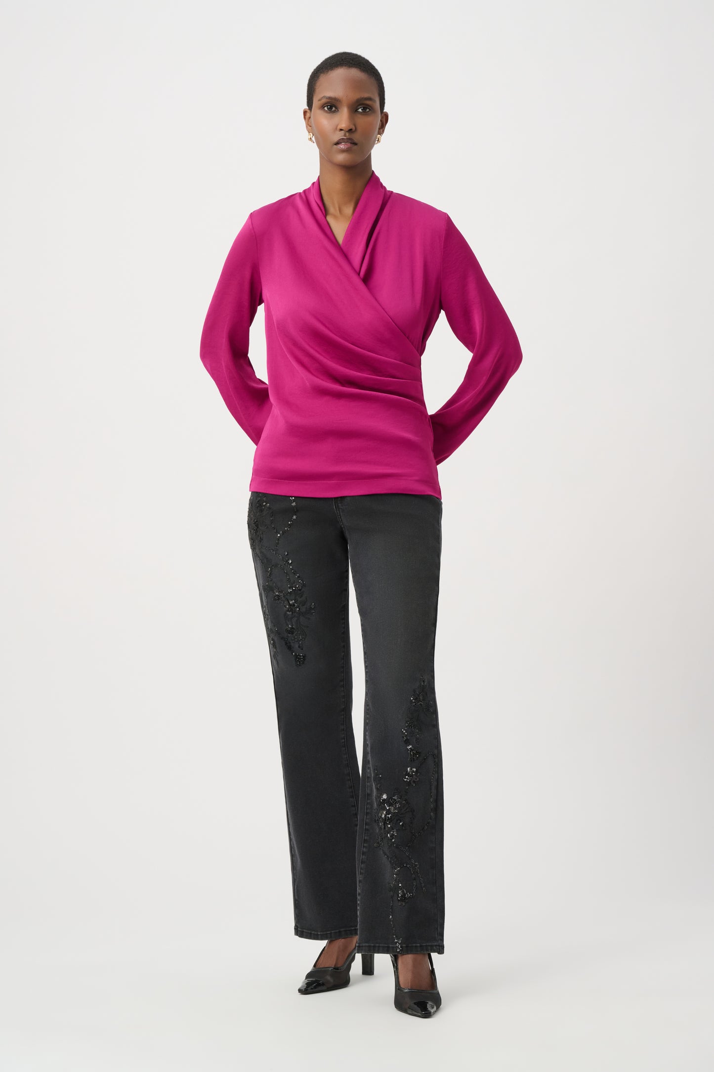 Joseph Ribkoff Recycled Satin Faux-Wrap Top Deep Magenta 264026