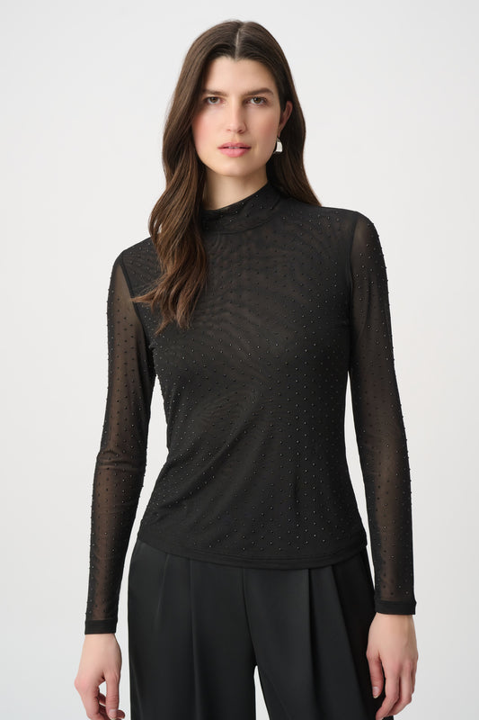 Joseph Ribkoff Rhinestone Mesh Long Sleeve Top Black 264916