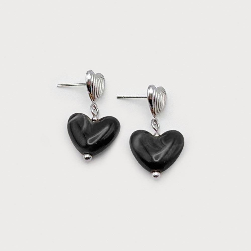Caracol Small Heart on Textured Metal Heart Earrings in Stainless Steel Black 2842-BLK-S