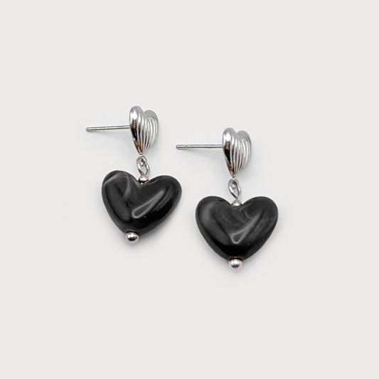 Caracol Small Heart on Textured Metal Heart Earrings in Stainless Steel Black 2842-BLK-S