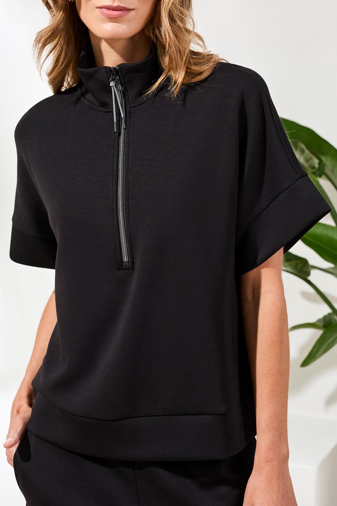 Tribal Short Sleeve Mock Neck Top w/Zipper Black 30190-3390-0002