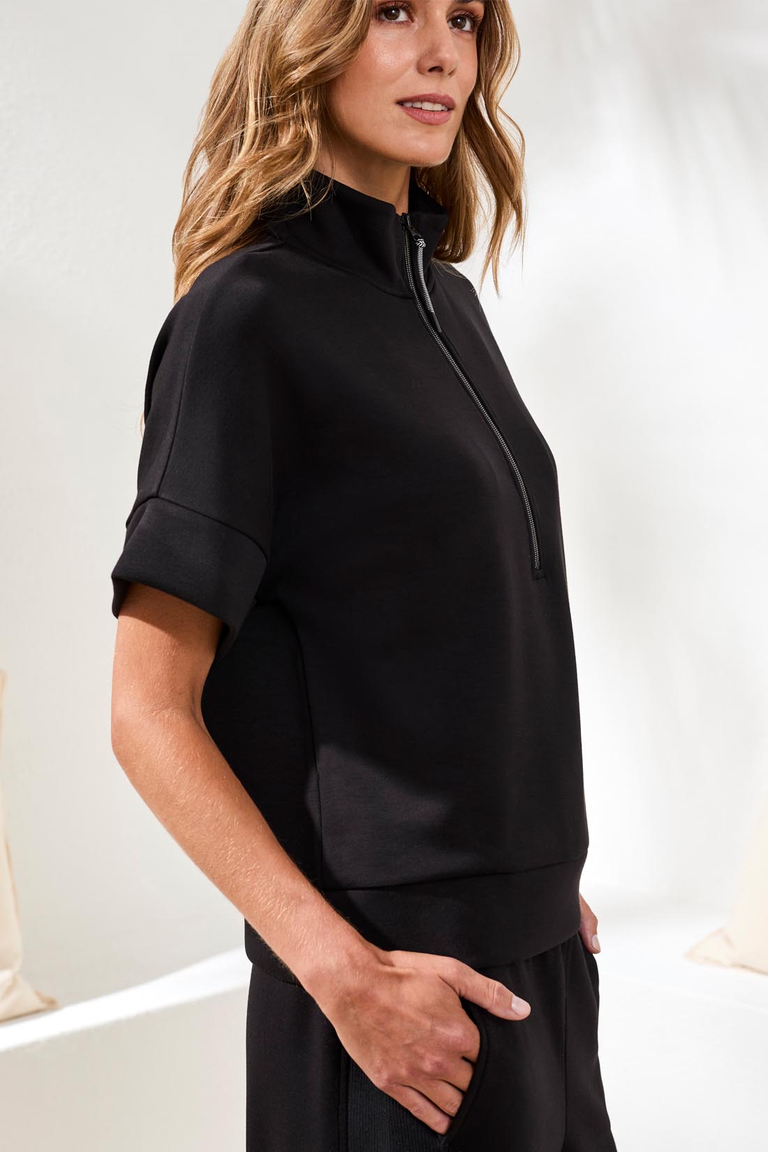 Tribal Short Sleeve Mock Neck Top w/Zipper Black 30190-3390-0002