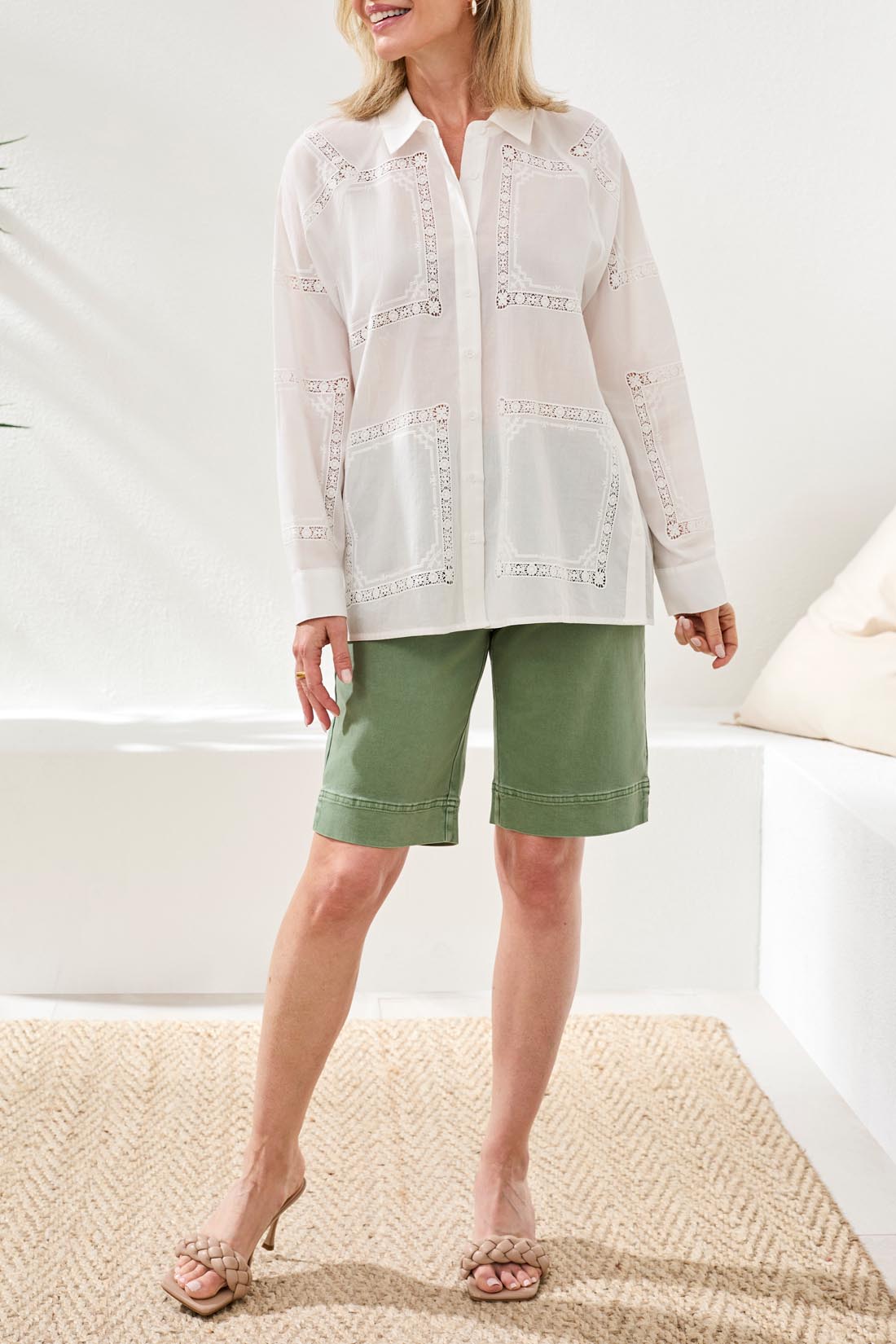 Tribal Long Sleeve Button Front Blouse w/Side Placket White 30210-8379-0001