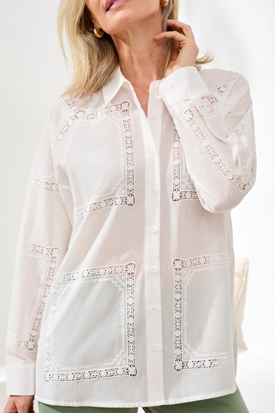 Tribal Long Sleeve Button Front Blouse w/Side Placket White 30210-8379-0001