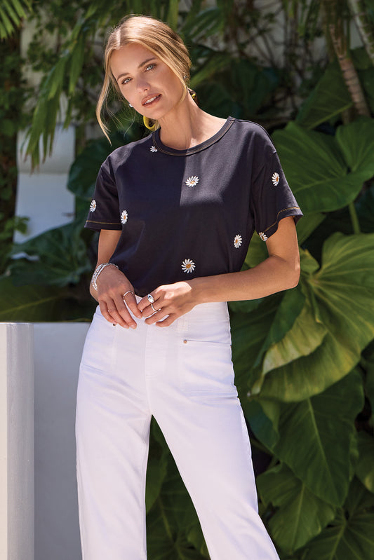 Tribal Short Sleeve Crewneck Top w/ Embroidery  Black 30430-8451-0002