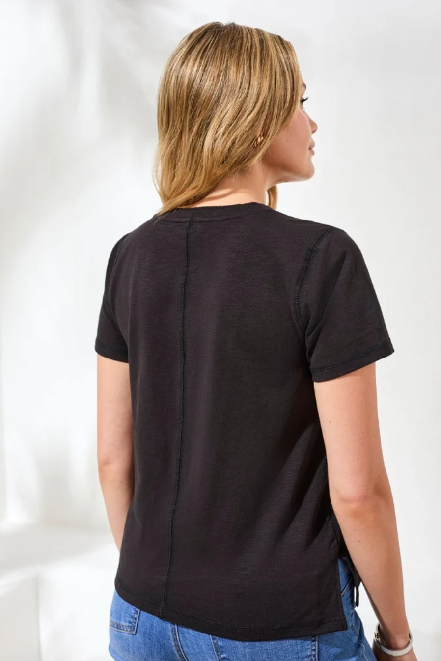 Tribal Short Sleeve V-Neck Top w/Rib Combo Black 30520-8285-0002