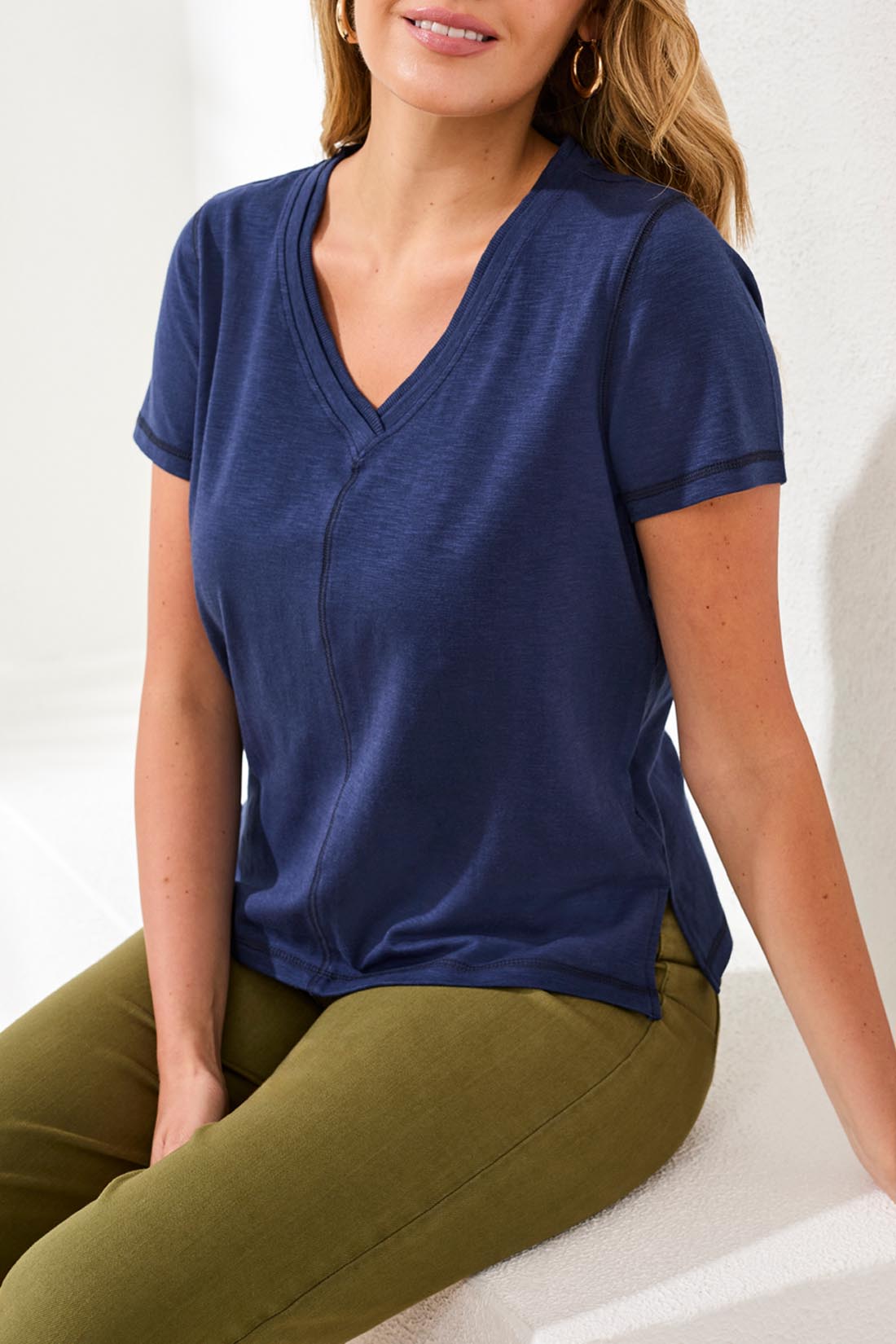 Tribal Short Sleeve V-Neck Top w/Rib Combo Jet Blue 30520-8285-3068