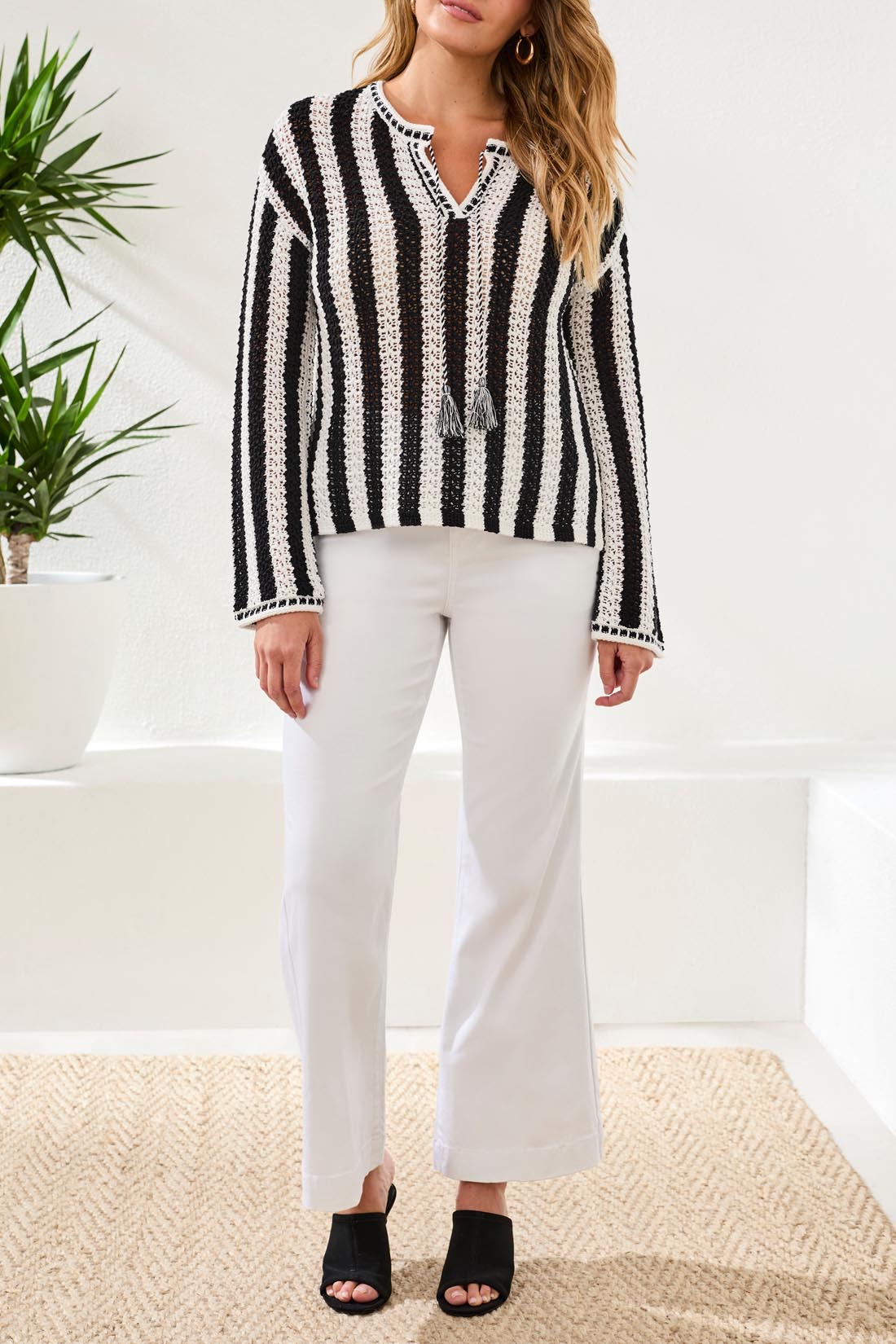 Tribal Long Sleeve Notch Collar Sweater  Black 30680-576-0002