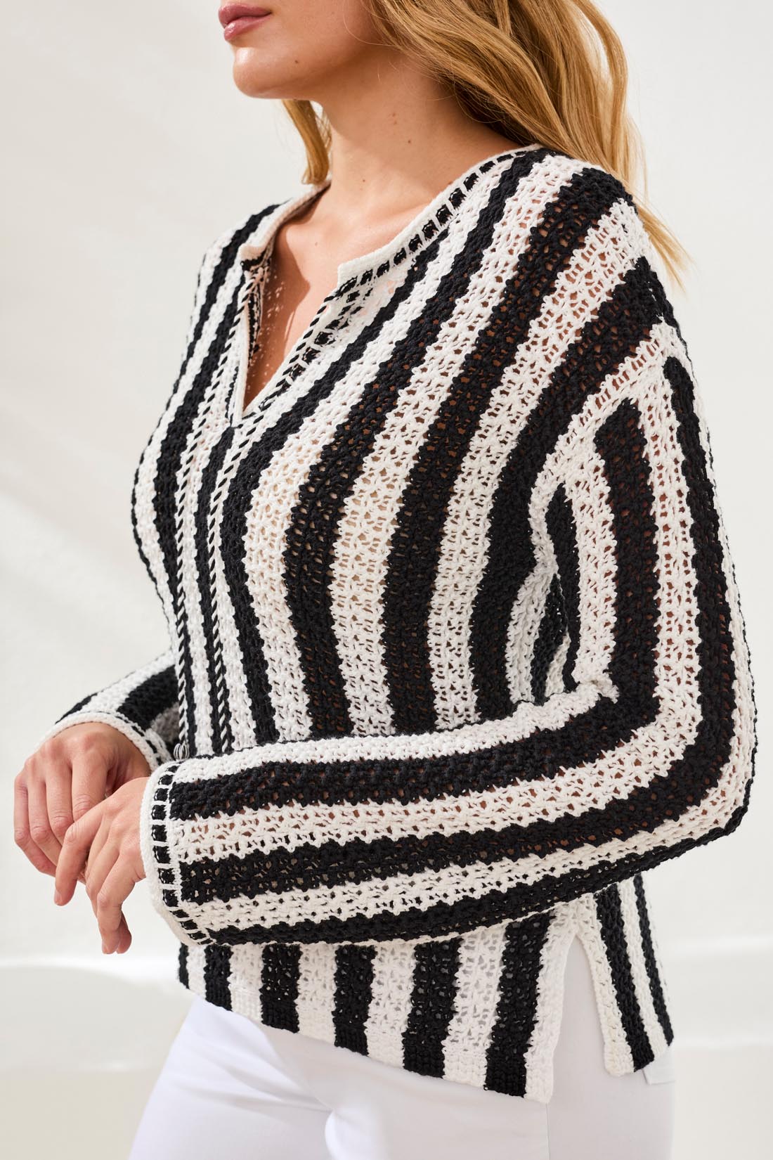 Tribal Long Sleeve Notch Collar Sweater  Black 30680-576-0002