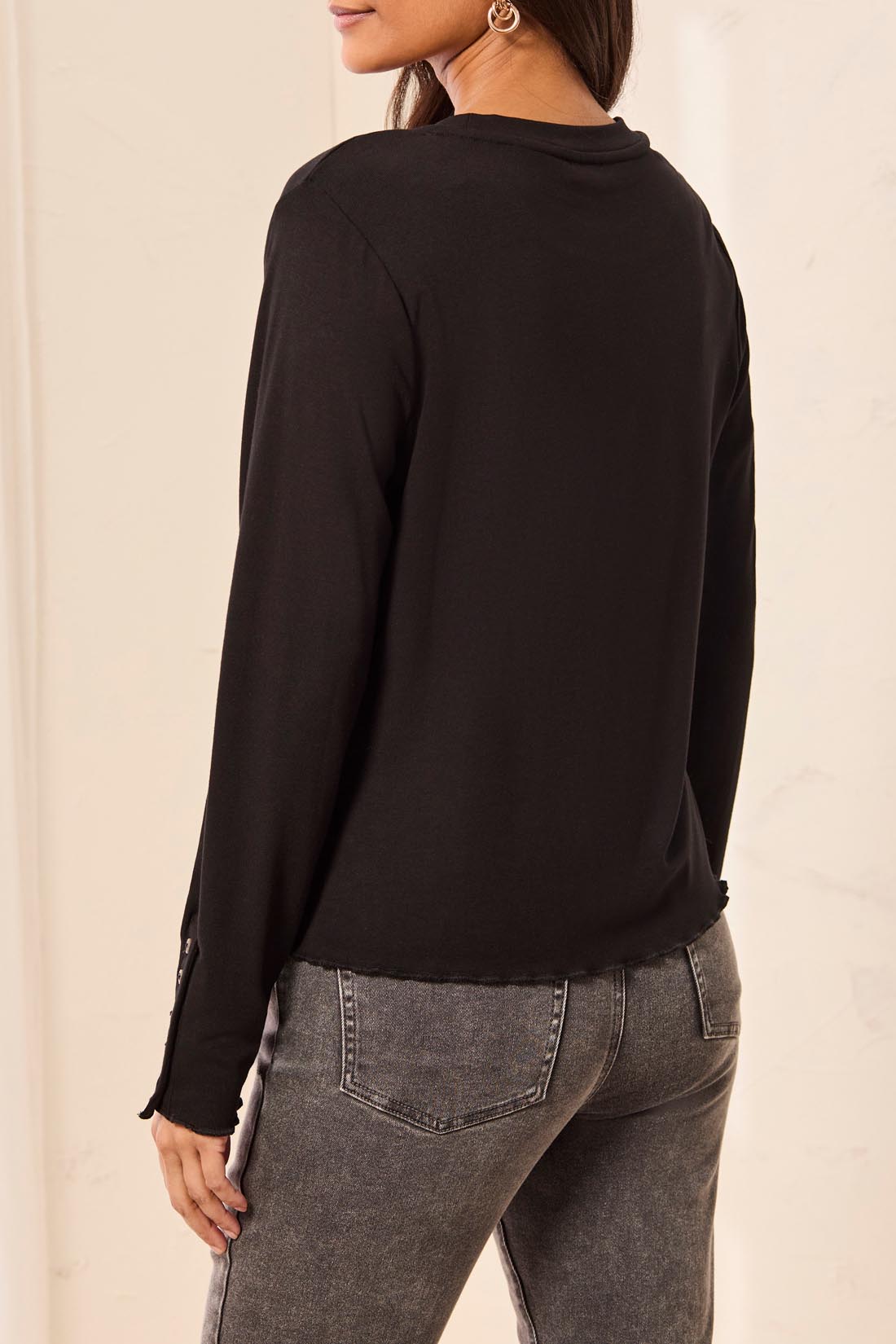Tribal Long Sleeve Crew Neck Top w/Button Detail Black 31740-8514-0002