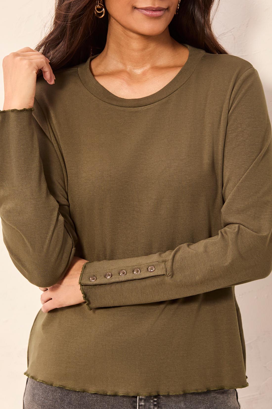 Tribal Long Sleeve Crew Neck Top w/Button Detail Basil 31740-8514-1218