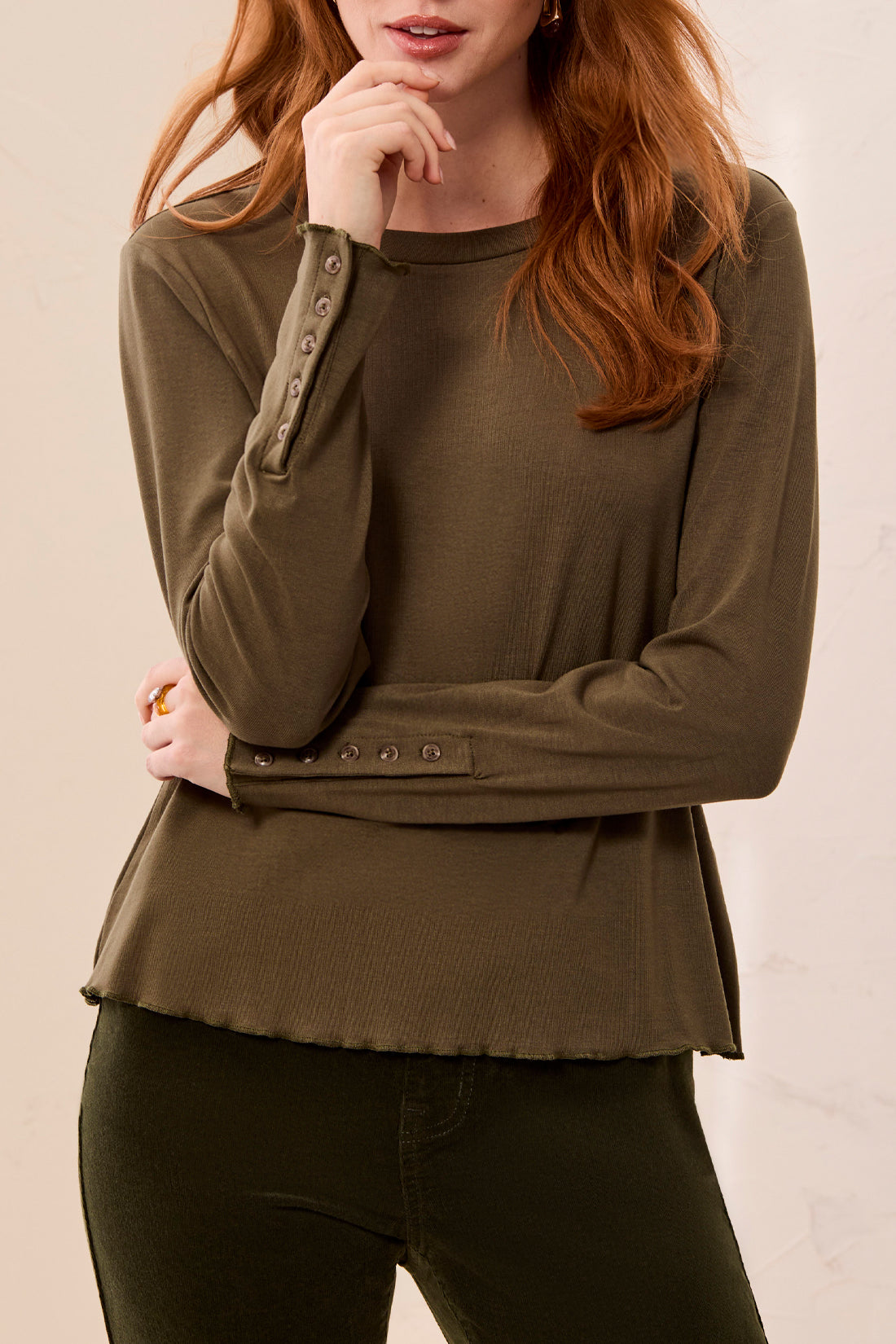 Tribal Long Sleeve Crew Neck Top w/Button Detail Basil 31740-8514-1218