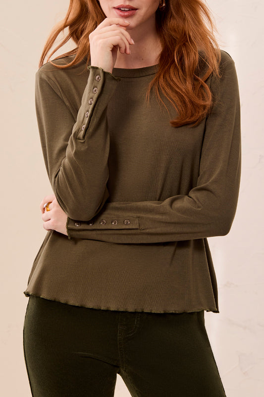 Tribal Long Sleeve Crew Neck Top w/Button Detail Basil 31740-8514-1218