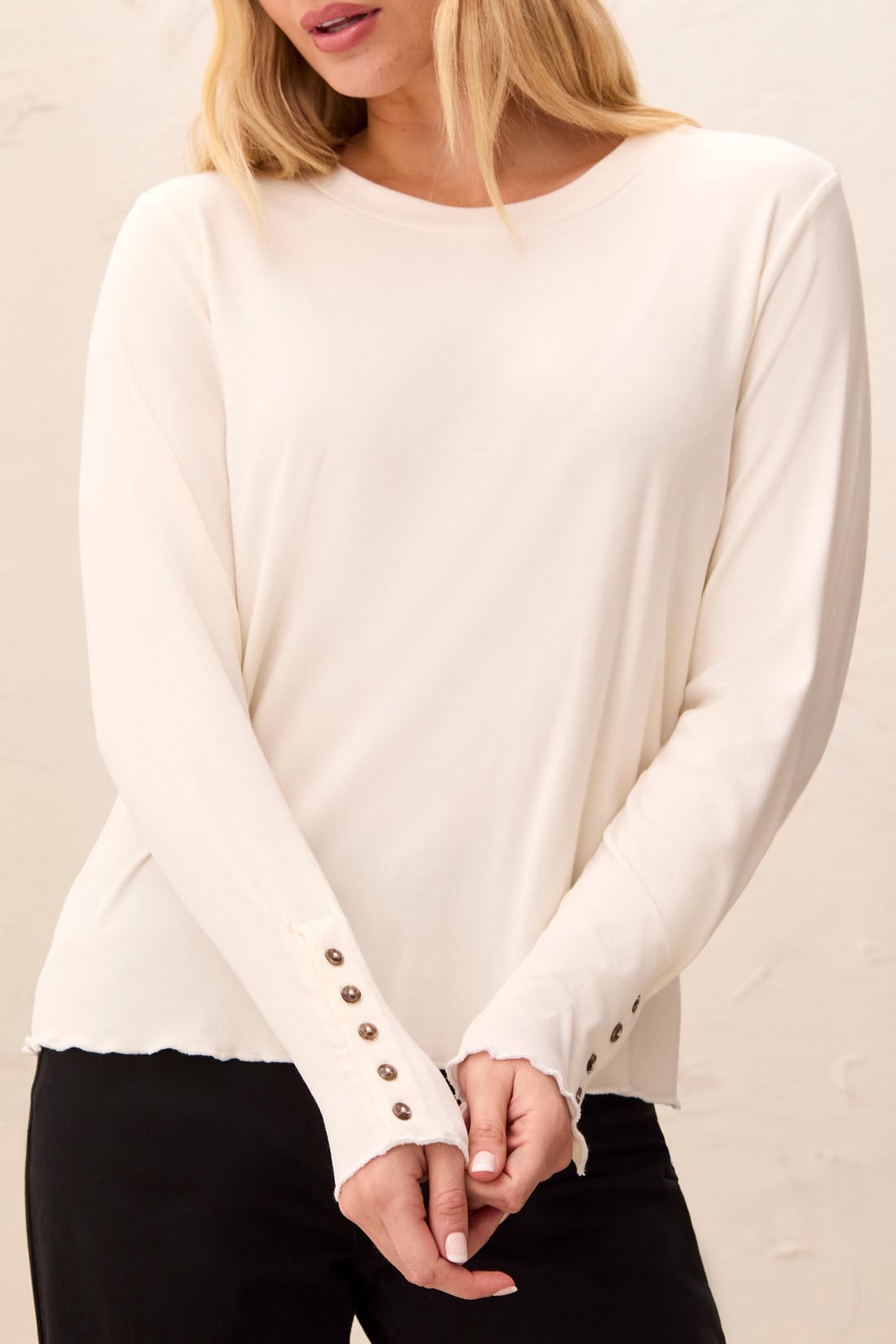 Tribal Long Sleeve Crew Neck Top w/Button Detail Moonstone 31740-8514-3111